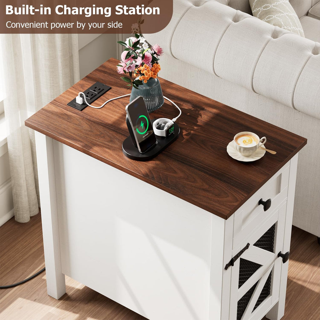 HAIOOU Farmhouse End Table with Charging Station, Narrow Side Tables for Living Room, Bedside Table with Storage Cabinet and Drawer, Slim Wood Nightstand for Small Space(Rustic White)