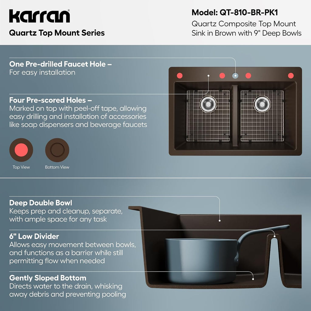 Karran QT-810 33' Top Mount Double Equal Bowl Quartz Kitchen Sink Kit in Brown