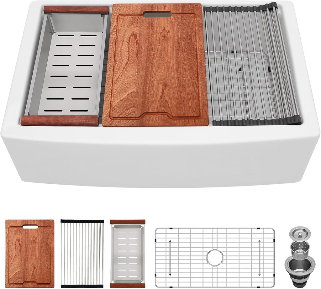 Lordear 33 Inch White Farmhouse Kitchen Sink – 33x21x10 Inch Fireclay Workstation Apron Front Single Bowl Porcelain Ceramic Farm Sinks