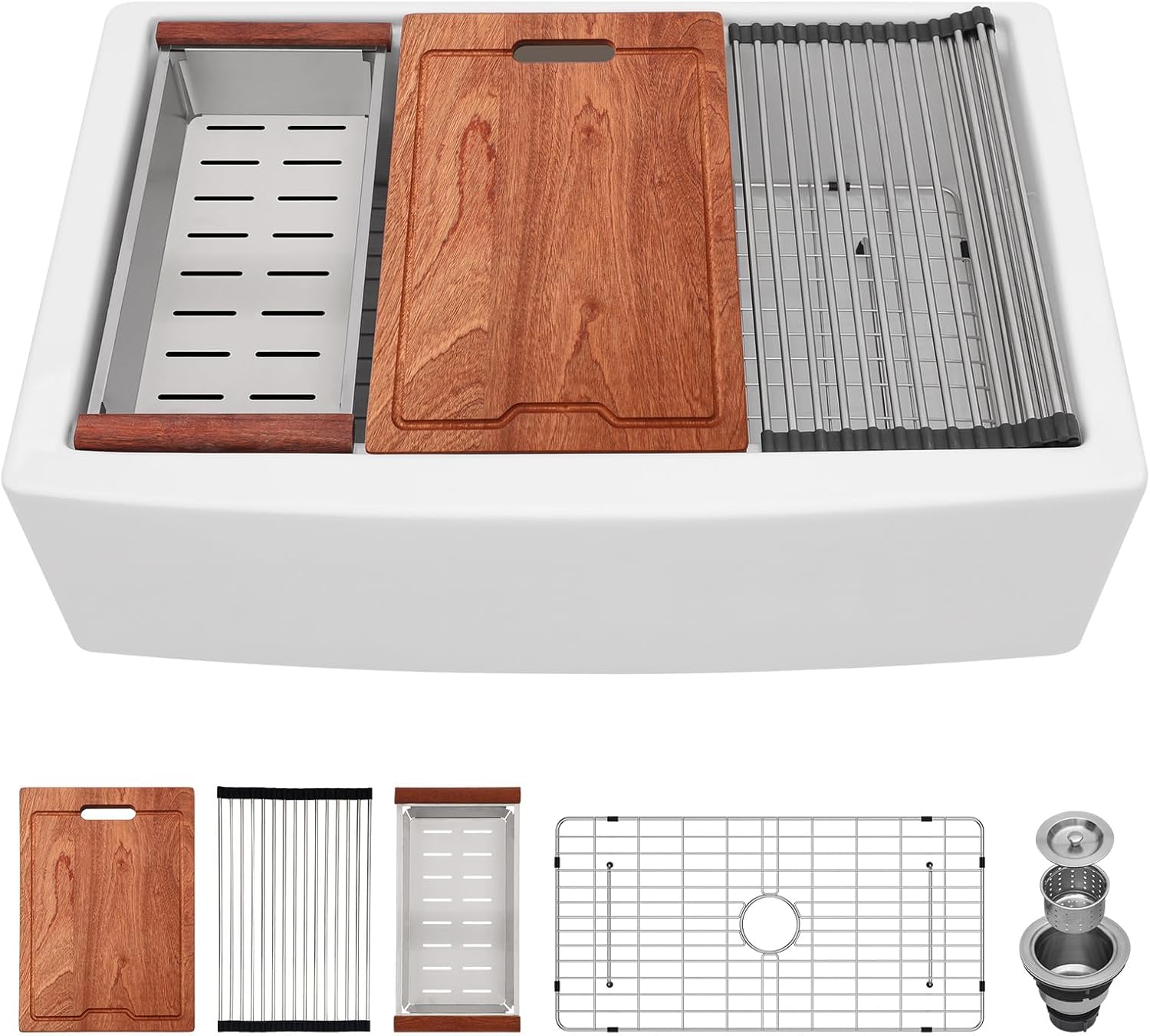 Lordear 33 Inch White Farmhouse Kitchen Sink – 33x21x10 Inch Fireclay Workstation Apron Front Single Bowl Porcelain Ceramic Farm Sinks