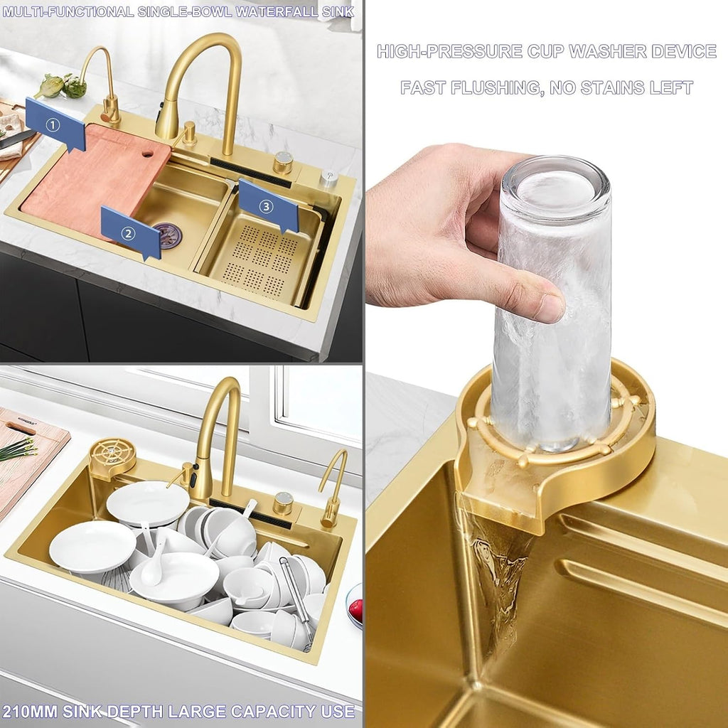 Waterfall Kitchen Sink Workstation Nanometer Waterfall Topmount Sink Stainless Steel Bar Sink Multifunction Single Bowl Kitchen Sink with Faucet Combo & Dra(Gold-75x45x22cm