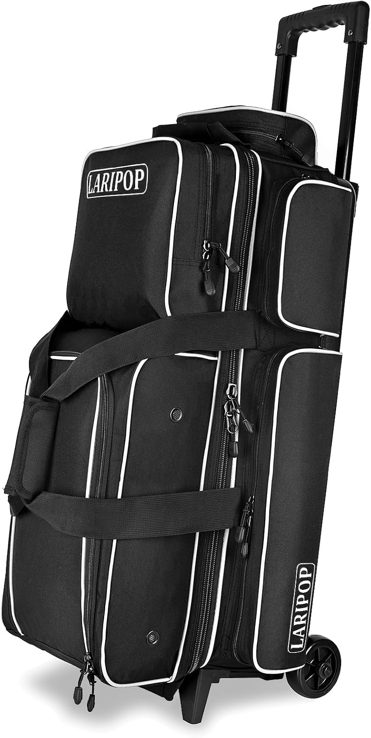 LARIPOP 3 Ball Bowling Bag with Wheels and Shoe Compartment, Rolling Bowling Bag for 3 Balls, Heavy Duty Bowling Roller Bag with Retractable Handle for Men Women