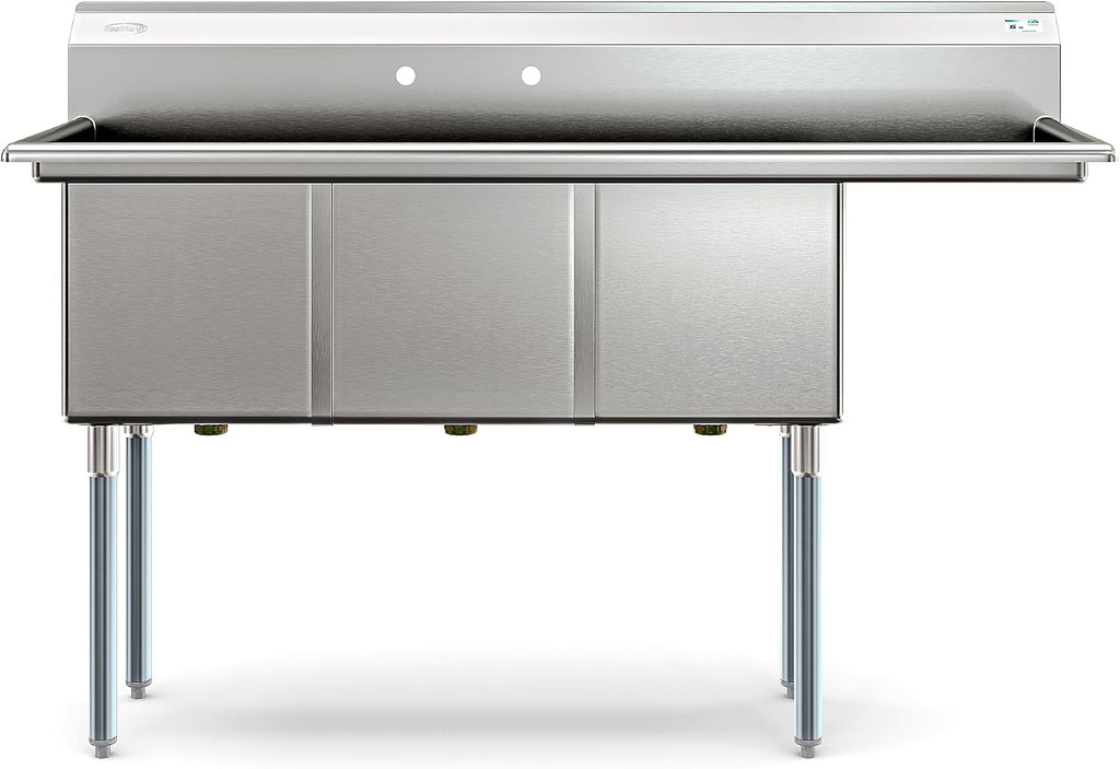 KoolMore 63 in. Three Compartment 16-Gauge Stainless-Steel NSF Commercial Kitchen Sink, Bowl Size 15x15x14, with Three Basins for Restaurants and Cafes with Right Drainboard (KM-SC151514-15R316)