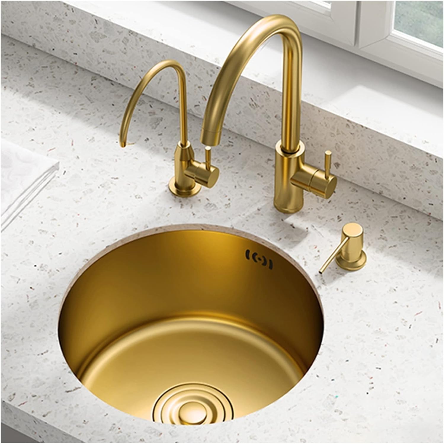 Gold Single Bowl Kitchen Sink Stainless Steel Small Bar Sink with Faucet and Drain Kit Drop-in Or Undermount (Color : Gold-2, Size : 36x36cm) (Gold1 40x40cm)