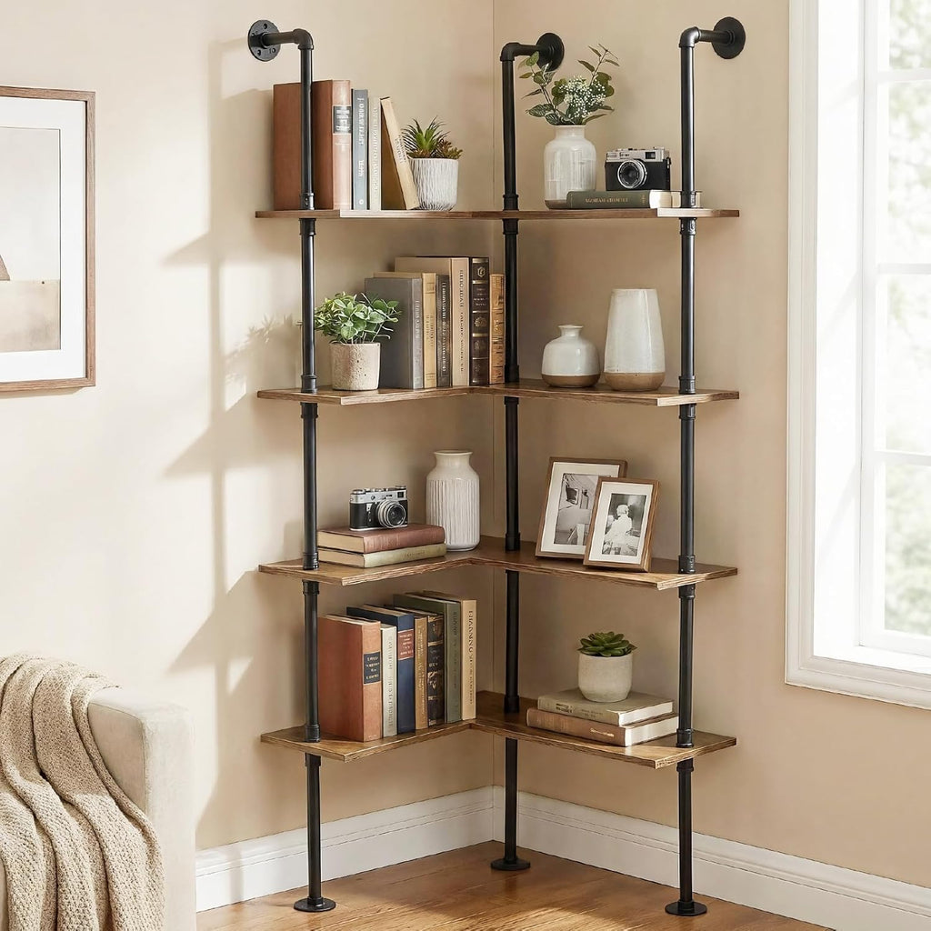 Industrial Pipe Corner Bookshelf, Wall Wooden Bookcase with Open Shelves, L Shaped Ladder Pipe Pantry Shelving for Living Room, Bedroom, Home, Office, 4 Tiers
