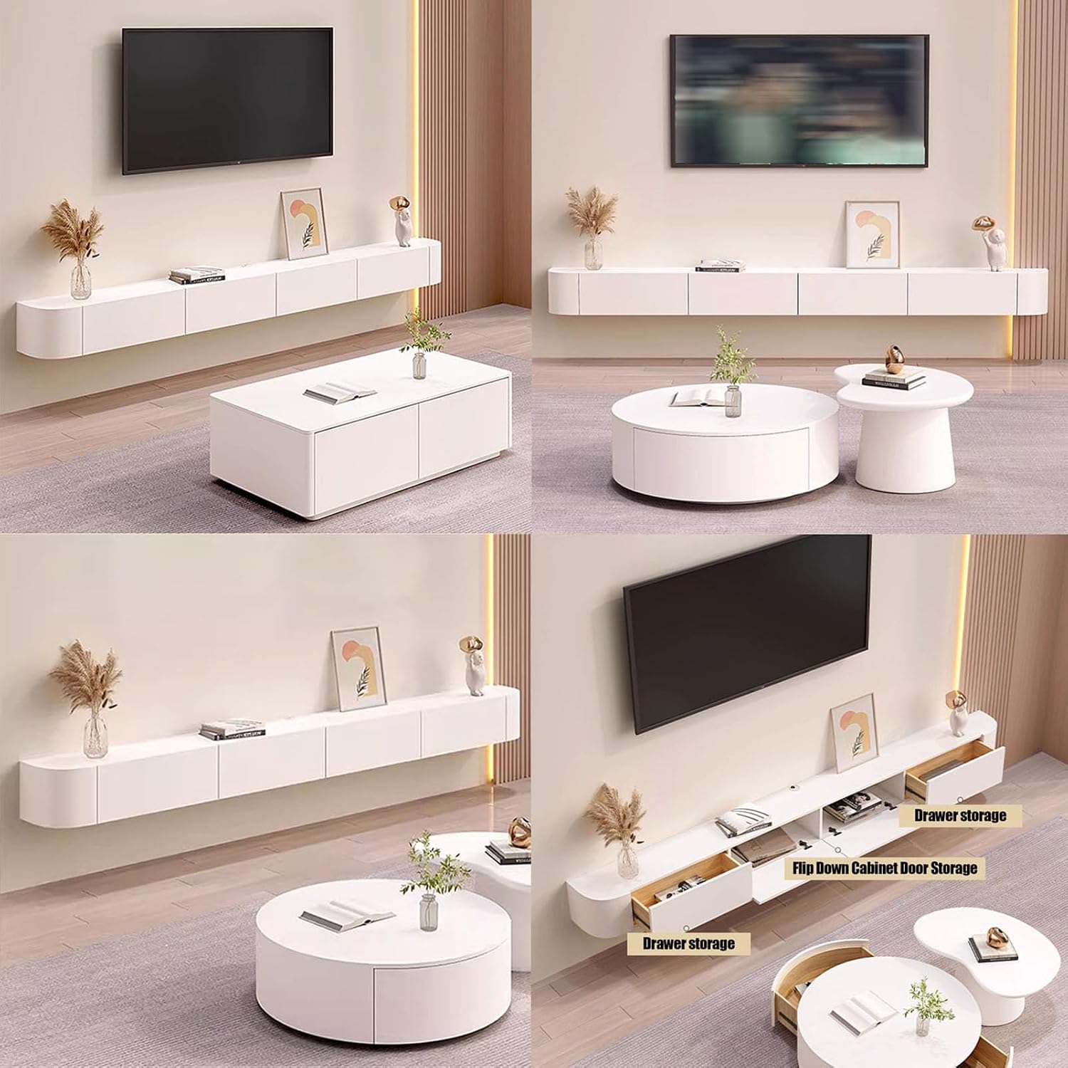 60 inch Floating TV Stand Wall Mounted TV Cabinet Floating Shelves with Door Entertainment Media Console Solid Wood Modern Living Room Round Corner TV Stand (White, 160CM)