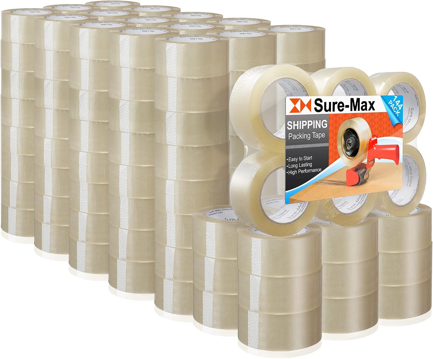 Sure-Max Premium Carton Packing Tape 2.0 mil 330 Feet (110 Yards) - Clear - 4 Cases (144 Rolls Total)