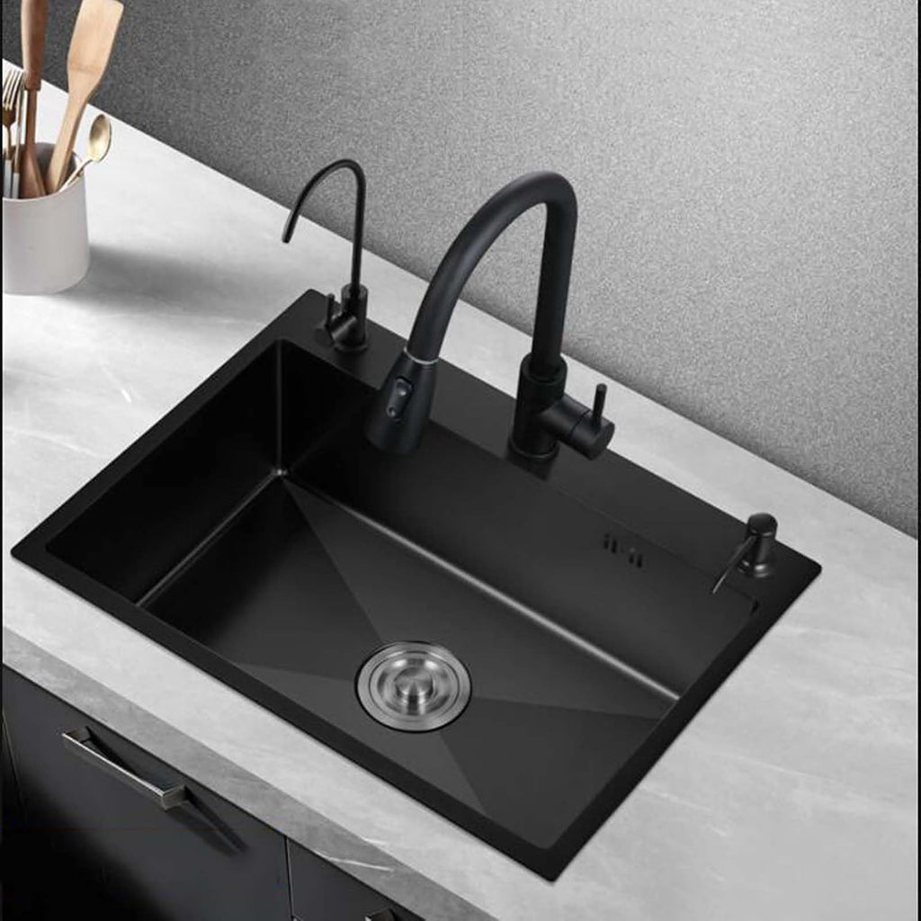 Black Drop in Kitchen Sink 60x45cm, Top Mount Stainless Steel Kitchen Sink, Round Corner Single Bowl Kitchen Sink, Workstation Kitchen Sink Set (55x45cm