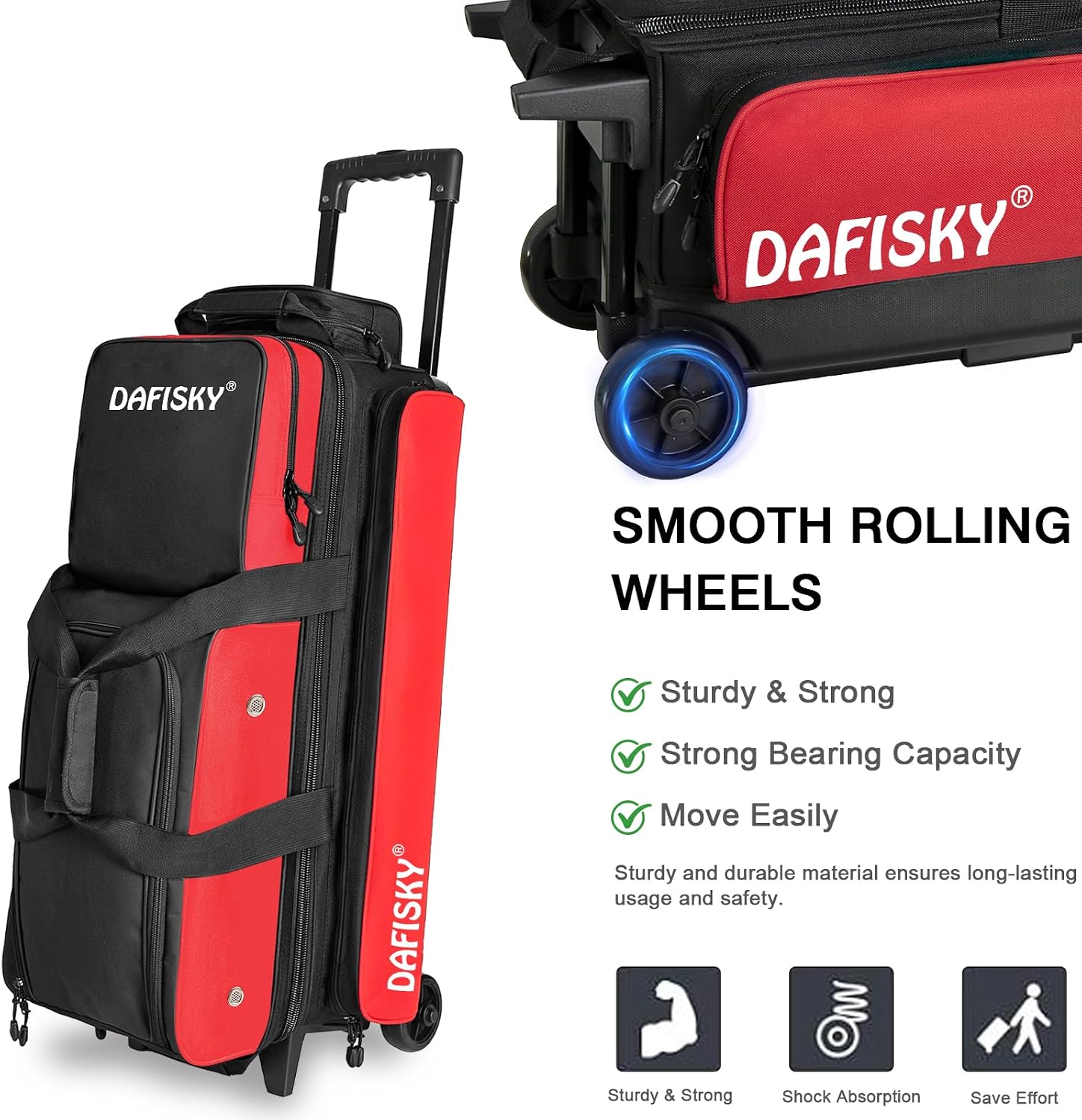 DAFISKY 3 Ball Bowling Bags with Wheels, Roller Bowling Bag with Multiple Pockets Retractable Handle Extends to 38''