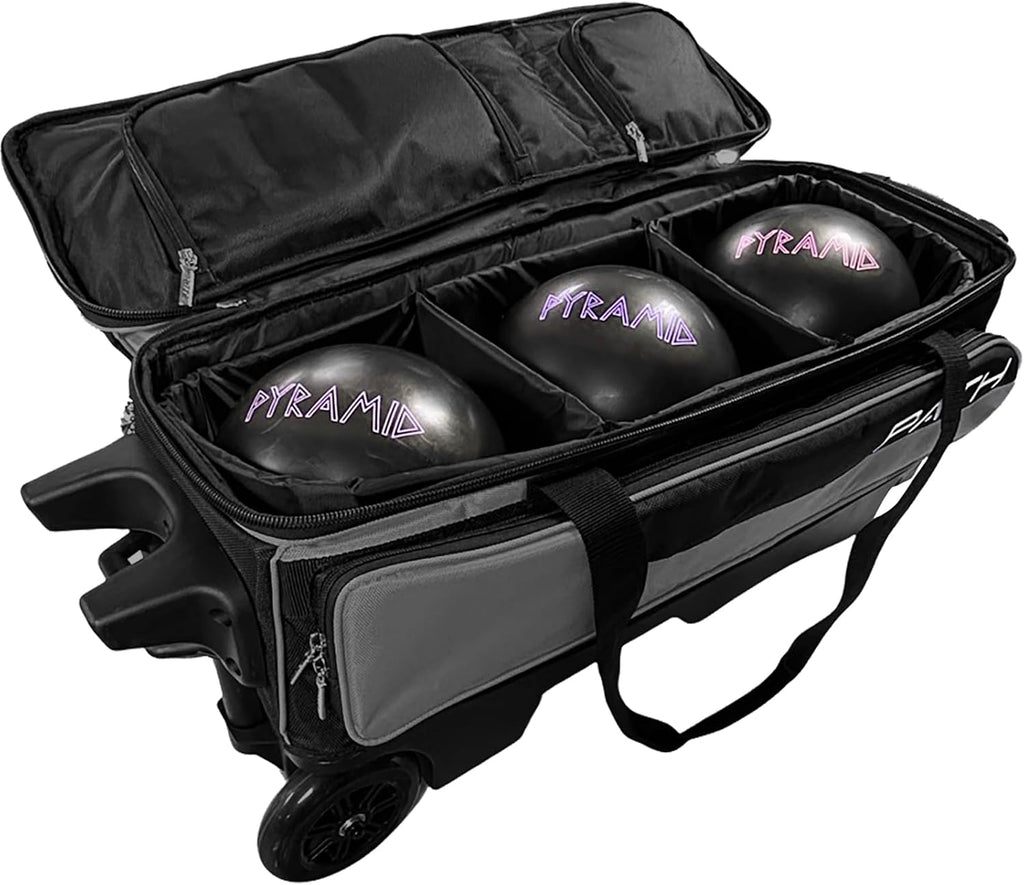 Pyramid Path Triple Premium Deluxe Roller Bowling Bag With Extra Large Separate Shoe Compartment (Up To US Mens Size 16) and 5 Accessory Pockets, 5' Wheels, Retractable Locking Handle - Extends to 42'
