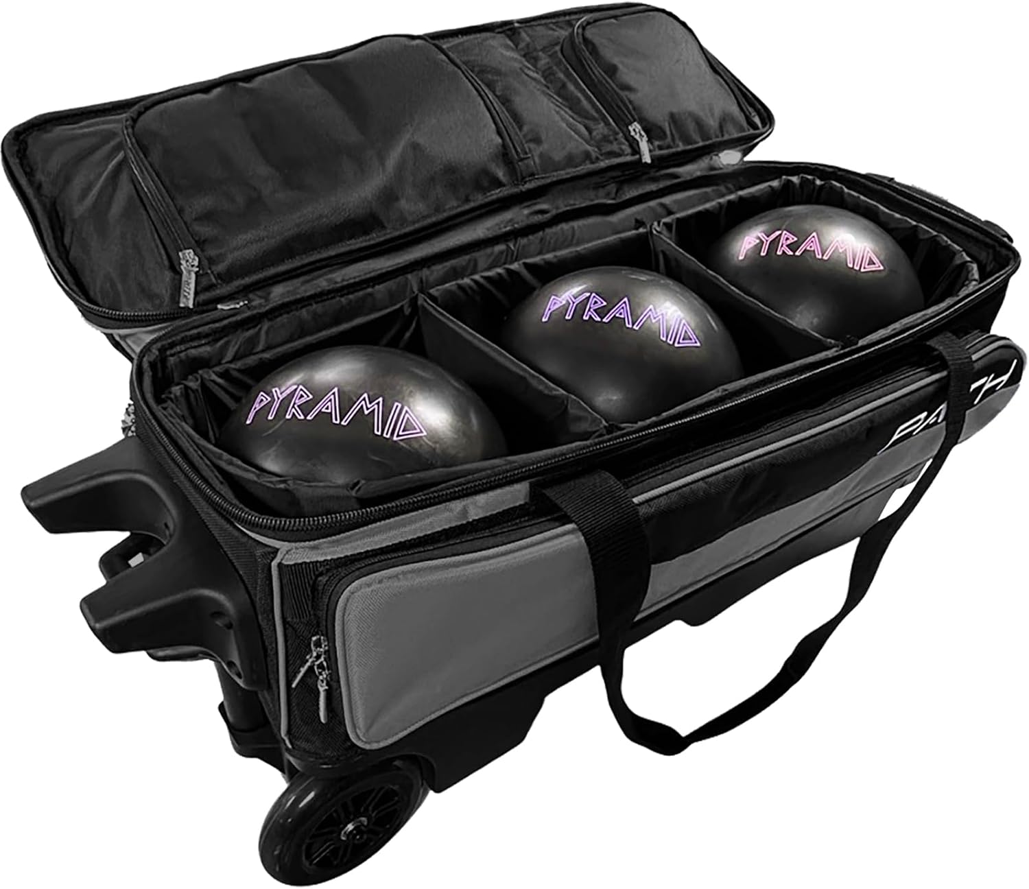 Pyramid Path Triple Premium Deluxe Roller Bowling Bag With Extra Large Separate Shoe Compartment (Up To US Mens Size 16) and 5 Accessory Pockets, 5' Wheels, Retractable Locking Handle - Extends to 42'
