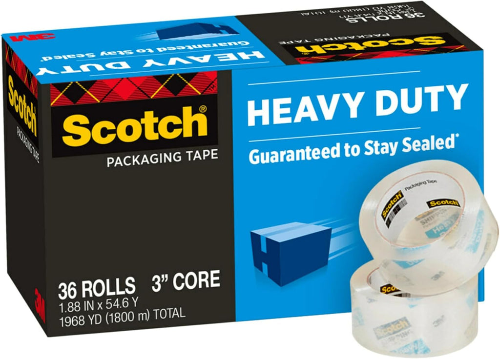 Scotch Heavy Duty Shipping Packing Tape, Clear, Shipping and Packaging Supplies, 1.88 in. x 54.6 yd., 36 Refill Tape Rolls