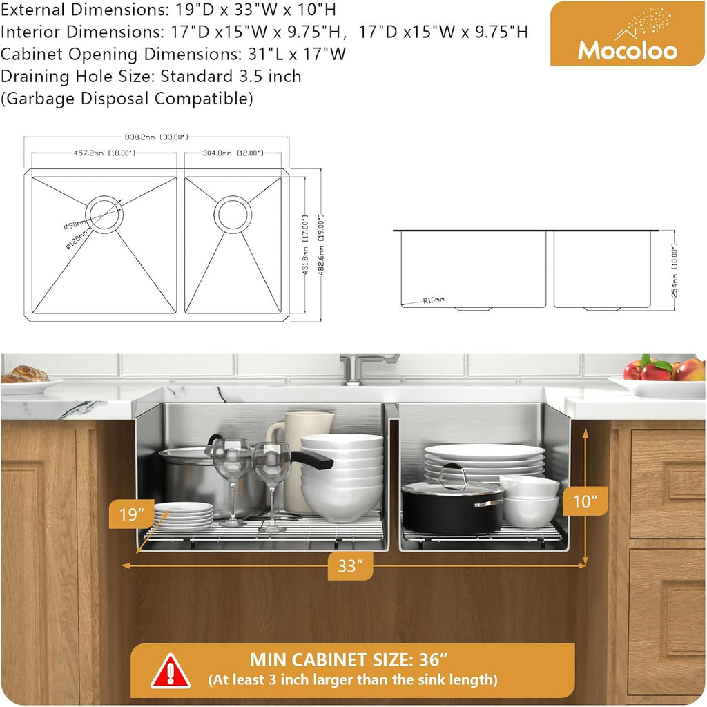 Mocoloo 33 Inch Undermount Kitchen Sink Double Bowl - 60/40 Stainless Steel Double Bowl Under Counter 16 Gauge Kitchen Sinks Handmade, 33x19x10 Inch