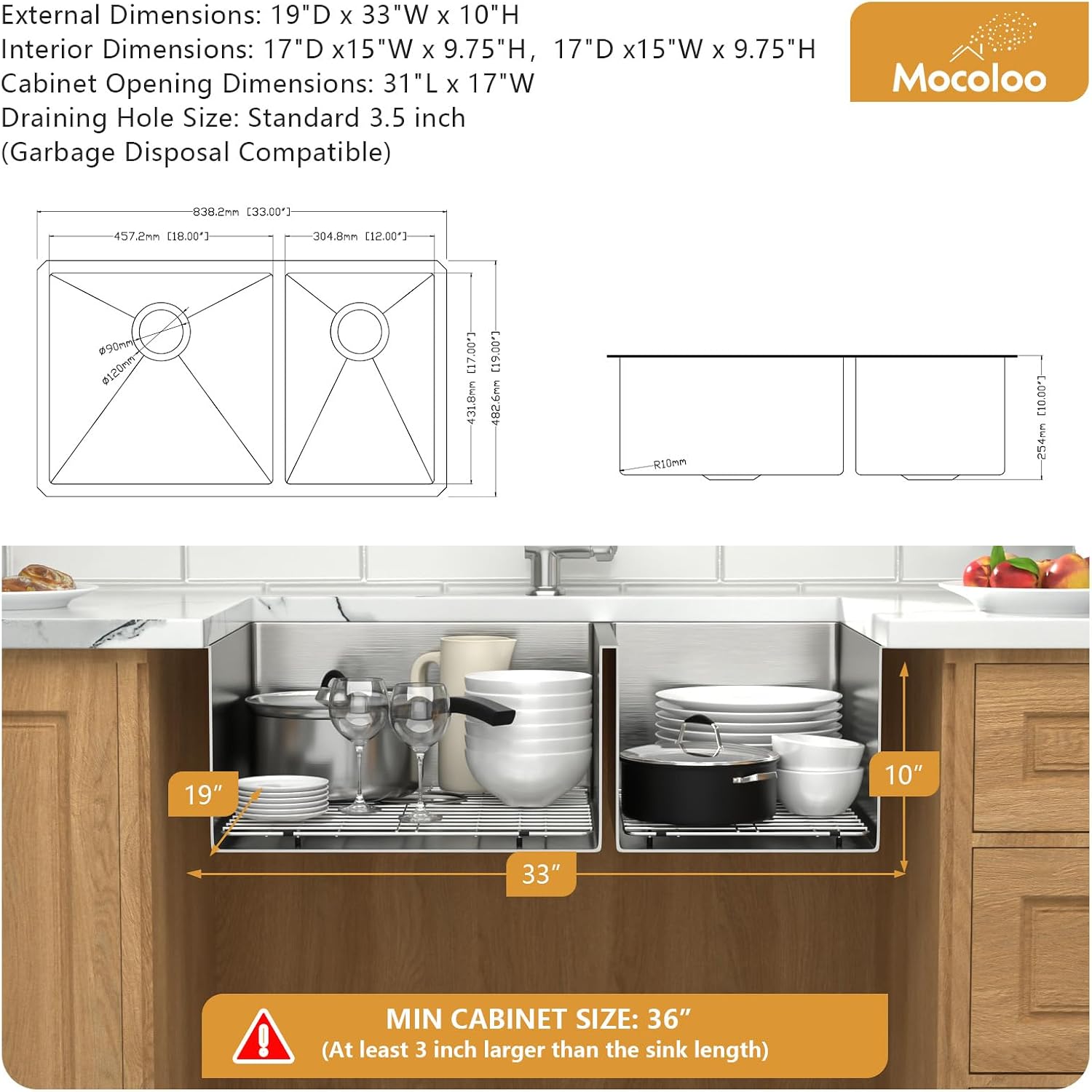 Mocoloo 33 Inch Undermount Kitchen Sink Double Bowl - 60/40 Stainless Steel Double Bowl Under Counter 16 Gauge Kitchen Sinks Handmade, 33x19x10 Inch