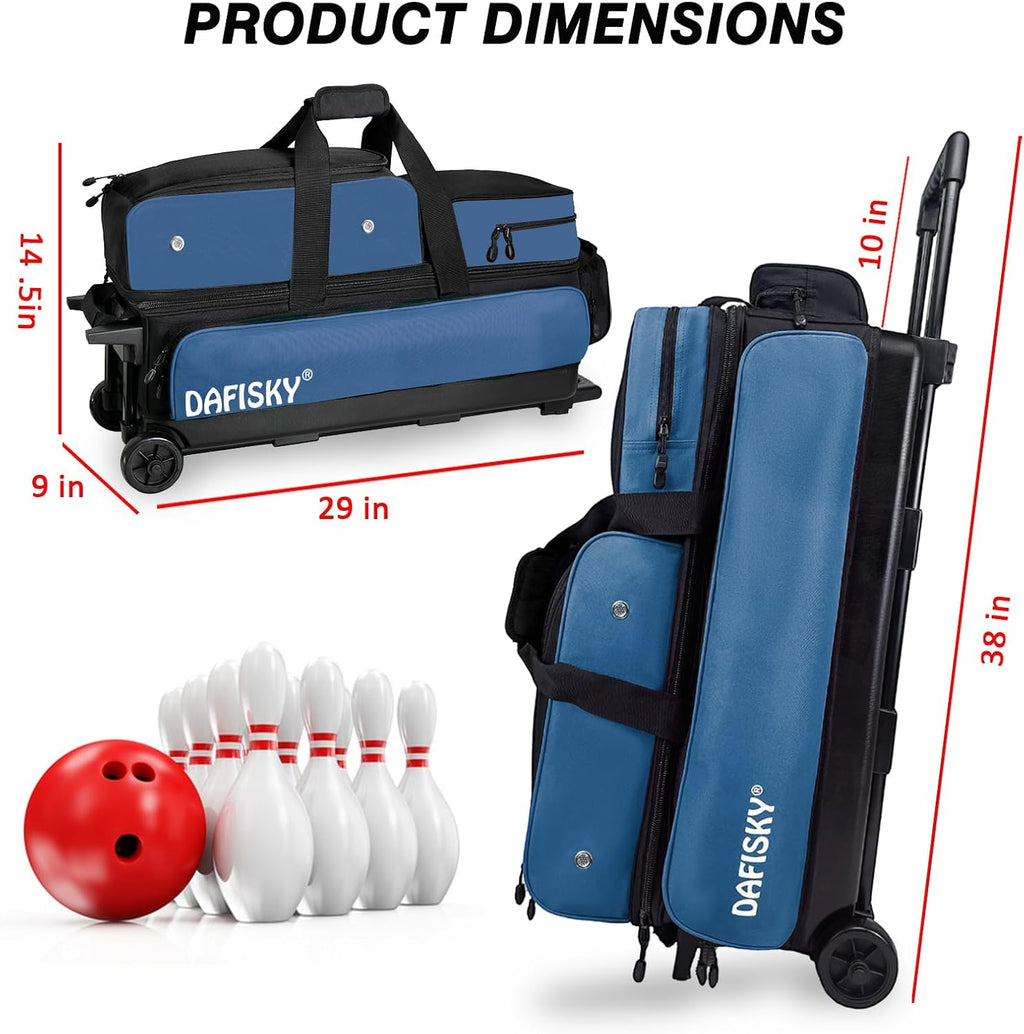 DAFISKY 3 Ball Bowling Bags with Wheels, Roller Bowling Bag with Multiple Pockets Retractable Handle Extends to 38''