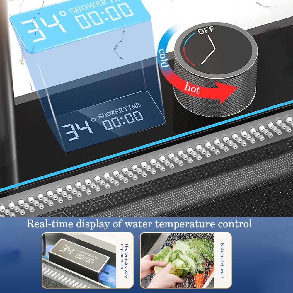 Smart Waterfall Kitchen Sink Stainless Steel Single Bowl Digital Display Honeycomb Nano Modern Workstation Sink with Pull Down Faucet Multifunctional Topmount Handmade Sinks(31.5 x 18.1 inch)