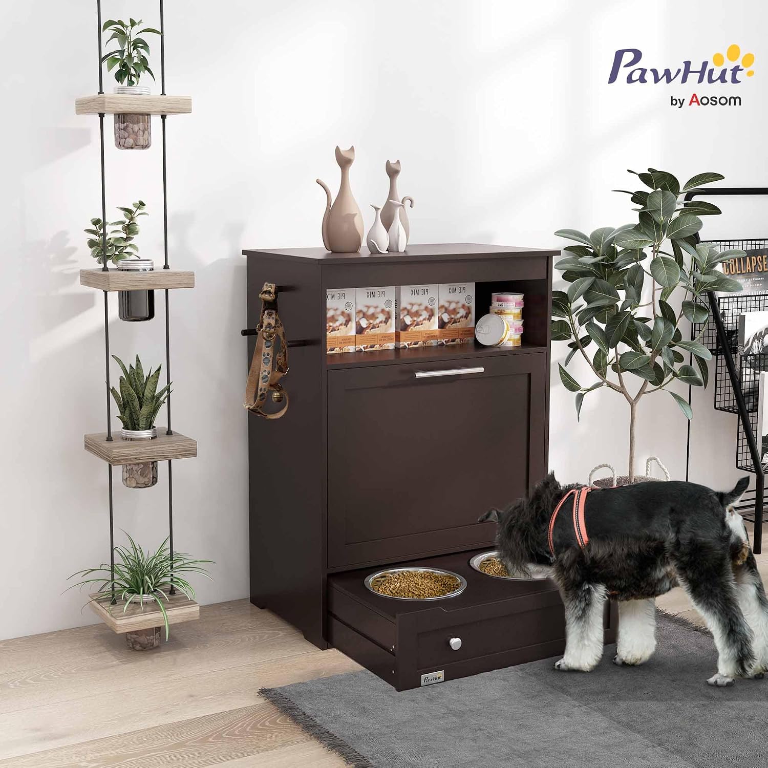 PawHut Dog Feeding Station with Raised Bowls, Dog Food Storage Cabinet with Hanger for Feeding & Watering Supplies, Pet Feeder Station, Brown