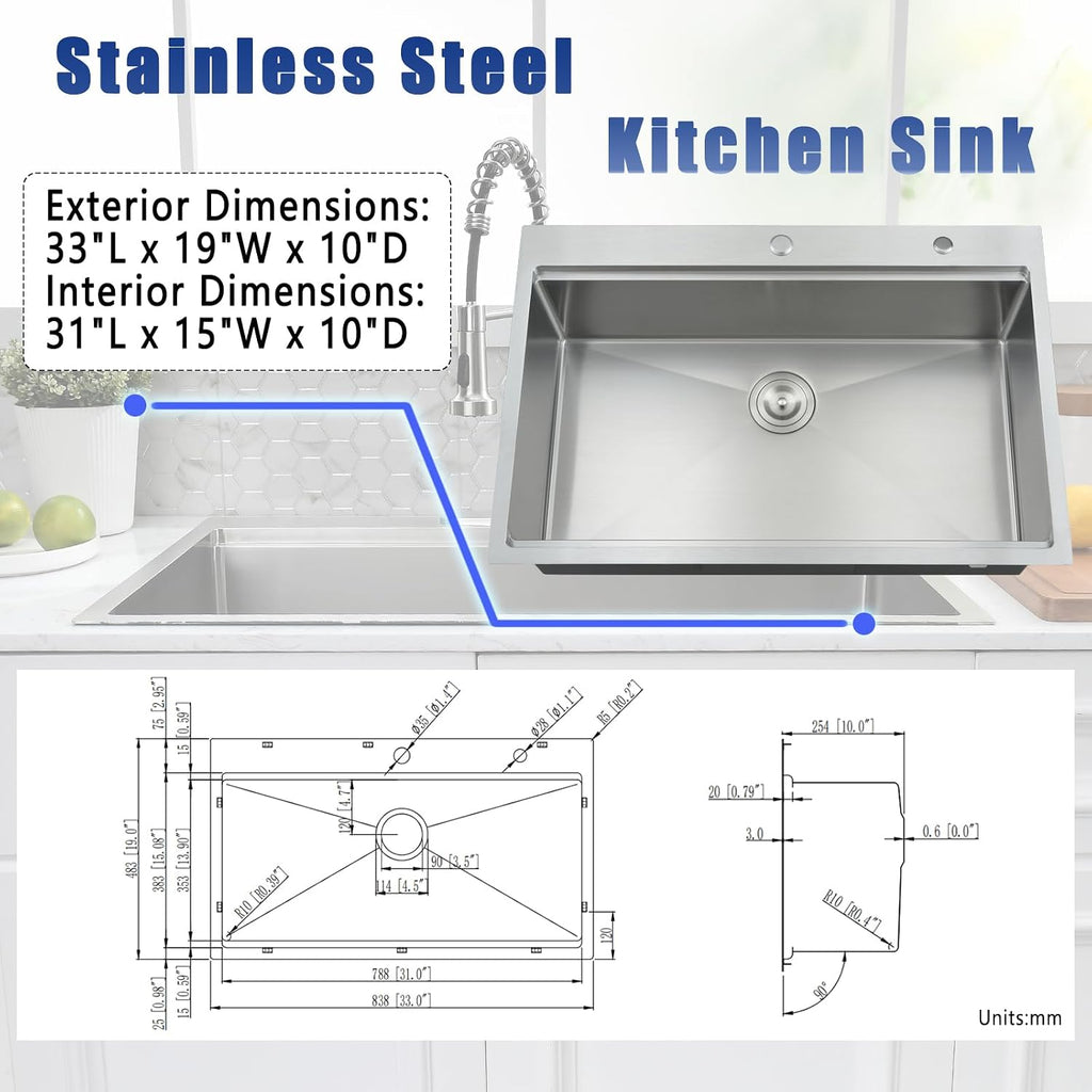 33x19 Drop In Kitchen Sink with Faucet Combo - 33 Inch Single Bowl Kitchen Sink Workstation, 10 Inch Deep Stainless Steel Topmount Sinks with Accessories