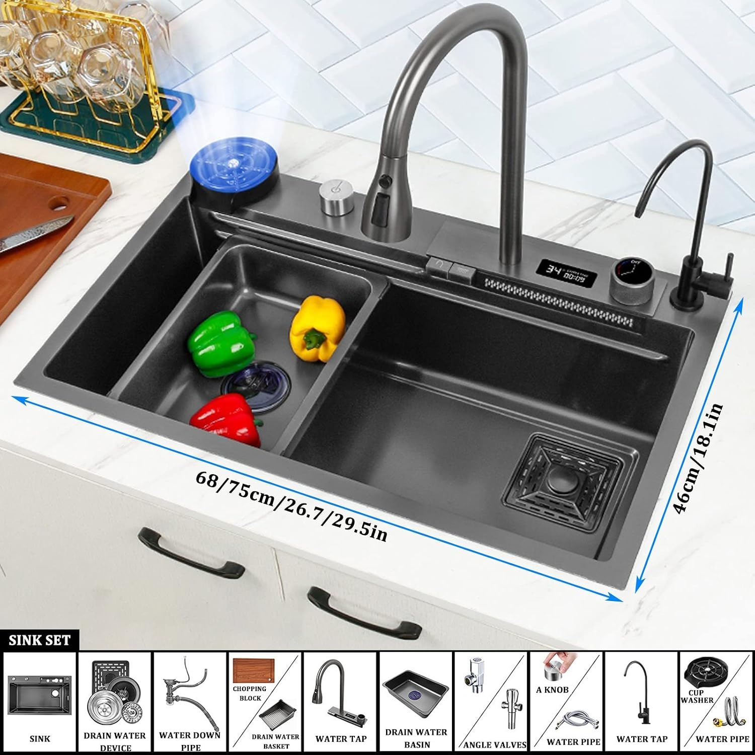 304 Stainless Steel Digital Display Kitchen Sink Single Bowl Bar Prep Sink RV Sink with Faucet & Drain Assembly Drop in Or Under Mount (Color : Grey, Size : 75x46x22cm) (Gun Grey 68x46x22cm)