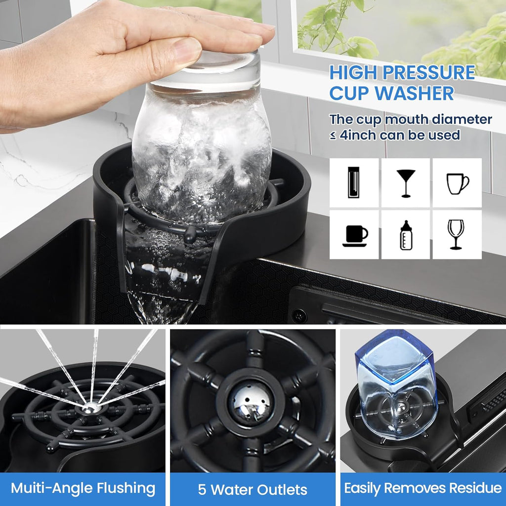 33x22 Inch Kitchen Sink with Waterfall Faucet Combo, Nano PVD Black 16 Gauge Stainless Steel Workstation, Scratch Resistant Single Bowl Drop-In Sink, Multifunctional Handmade Design