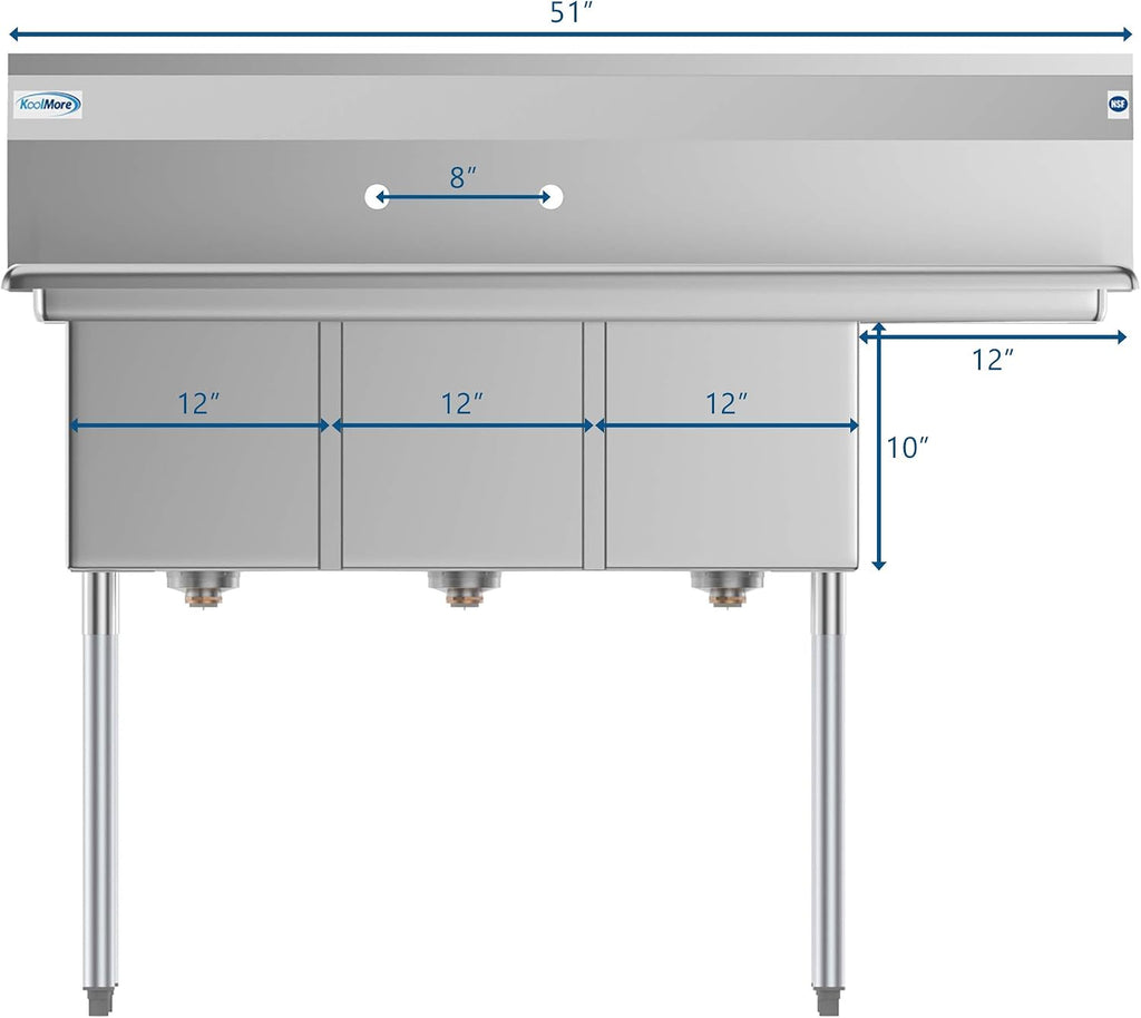 KoolMore - SC121610-12R3 3 Compartment Stainless Steel NSF Commercial Kitchen Sink with Drainboard - Bowl Size 12' x 16' x 10', Silver