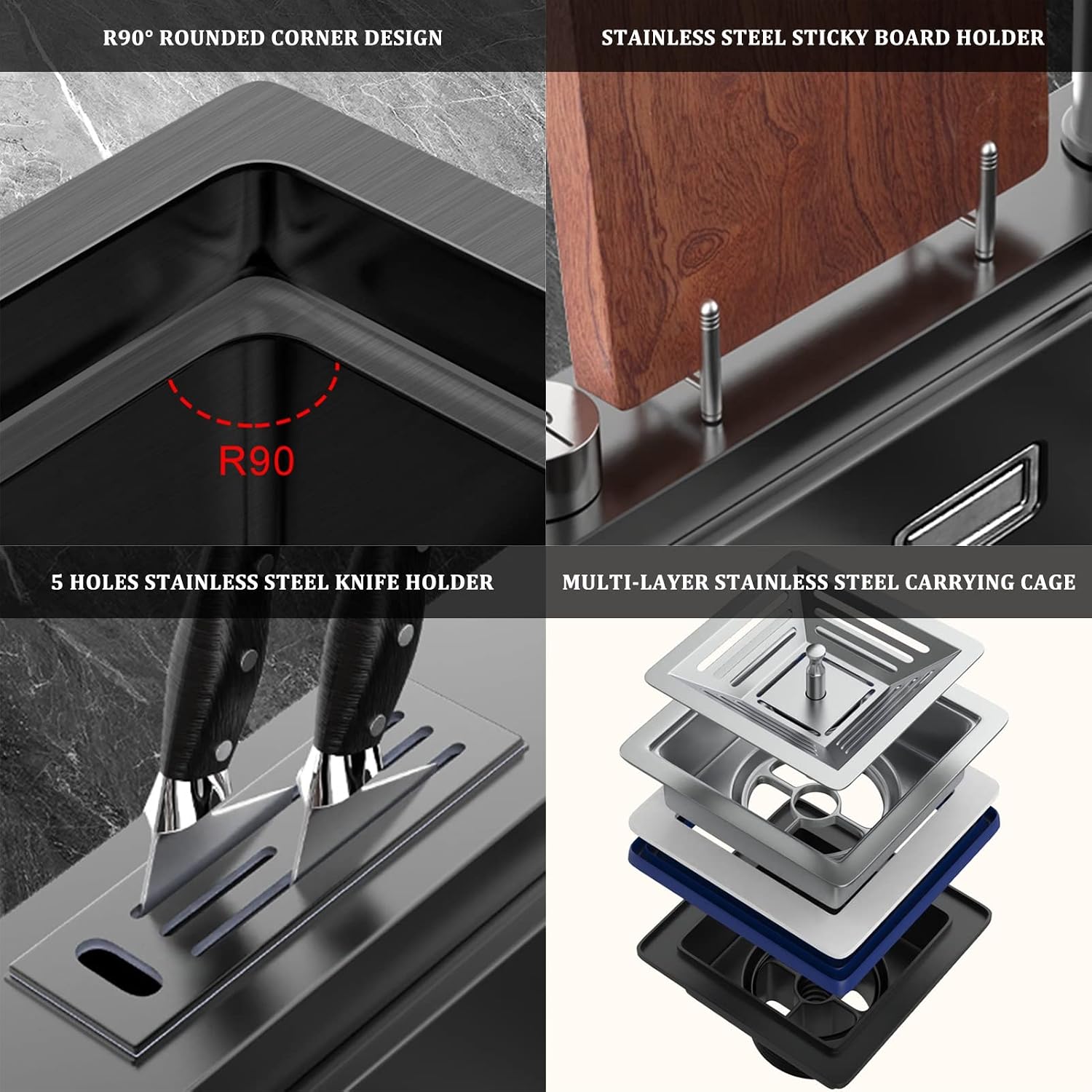 Stepped Kitchen Sink 304 Stainless Steel Single Bowl Bar Prep Sink Multi-functional RV Sink with Faucet and Cup Washer Top Mount Or Undermount (Color : Black, Size : 80x47x20cm) (Black 78x46x20cm)
