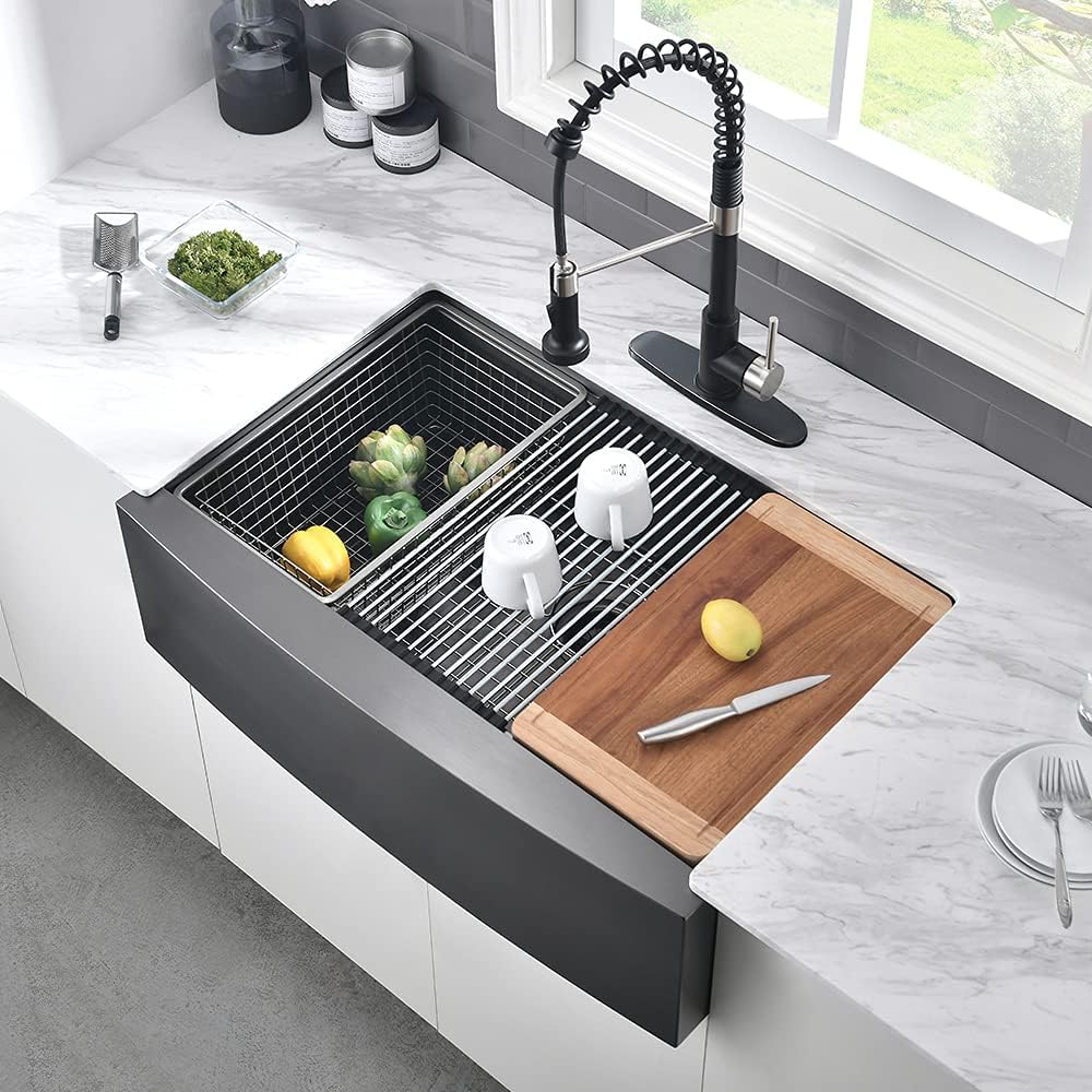 24 Inch Black Farmhouse Sink Workstation-VASOYO 24x22 Apron Front Farmhouse Kitchen Sinks Black Stainless Steel 16 Gauge Deep Single Bowl Farm Sink Undermount with Cutting Board