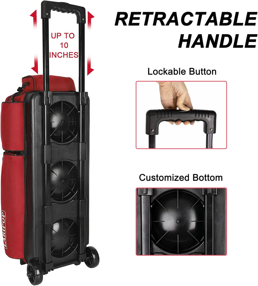 LARIPOP 3 Ball Bowling Bag with Wheels and Shoe Compartment, Rolling Bowling Bag for 3 Balls, Heavy Duty Bowling Roller Bag with Retractable Handle for Men Women