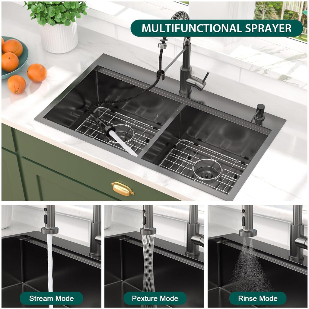 36 Inch Drop-In Double Bowl Kitchen Sink with Faucet, 16 Gauge 304 Stainless Steel 50/50 Low Divide Workstation All-In One Large Sink with Accessories Gunmetal Black #TL-FDOE00094