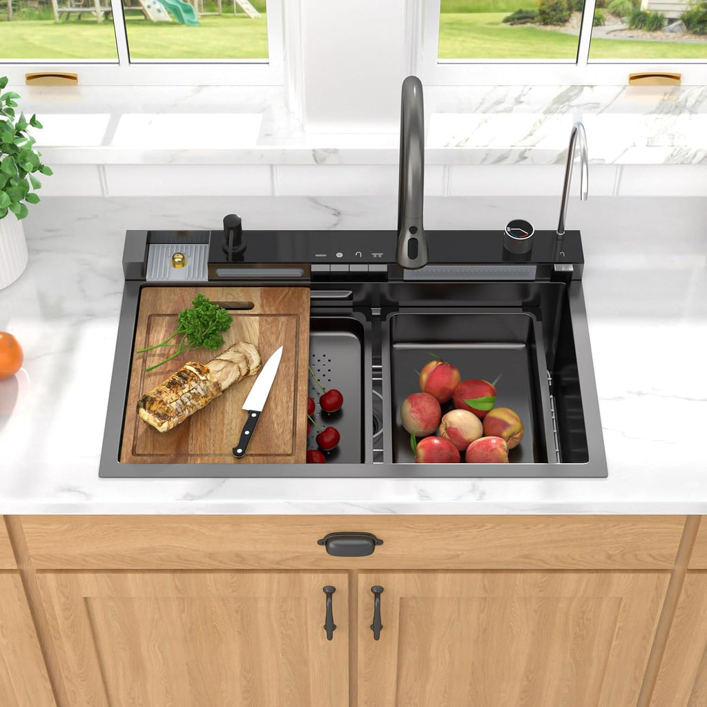 Smart Waterfall Kitchen Sink 30 Inch, Gunmetal Black Drop In 16 Gauge Stainless Steel Single Bowl Workstation Sink with Pull-Down Faucet, Cup Washer & Multi-Function Spray#TLWF-0004