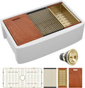 Lordear Farmhouse Sink 33 Inch White Kitchen Sinks Workstation Curved Apron Fireclay Porcelain Ceramic Single Bowl Farmer Sink Farm Sinks 33x21x10 Inch with Gold Accessories