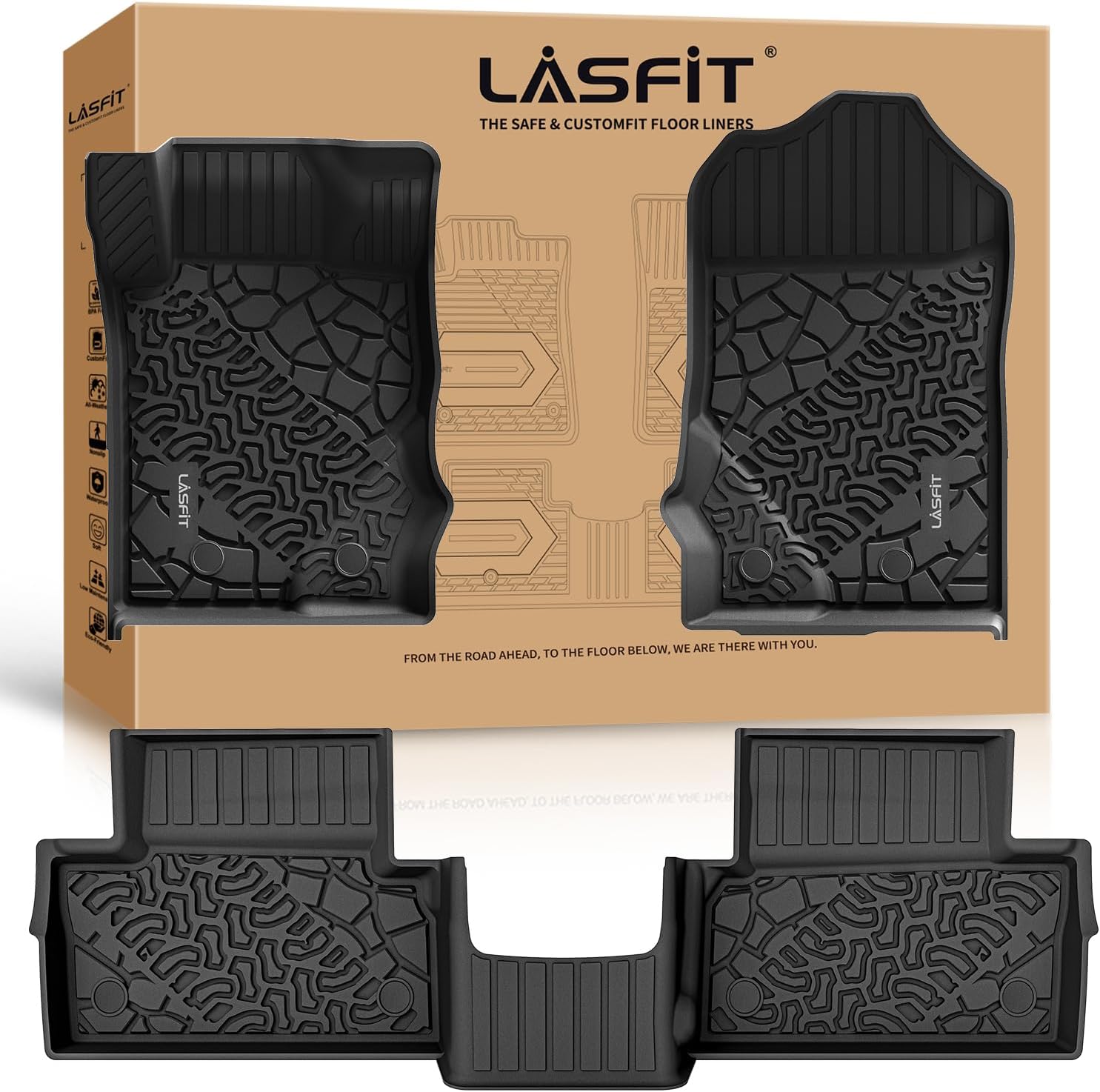 LASFIT Floor Mats for Ford Bronco 2-Door 2026 2025 2024 2023 2022 2021(Not for Bronco Sport) All Weather TPE Custom Fit Car Floor Liners, 1st & 2nd Row, 3pcs Black