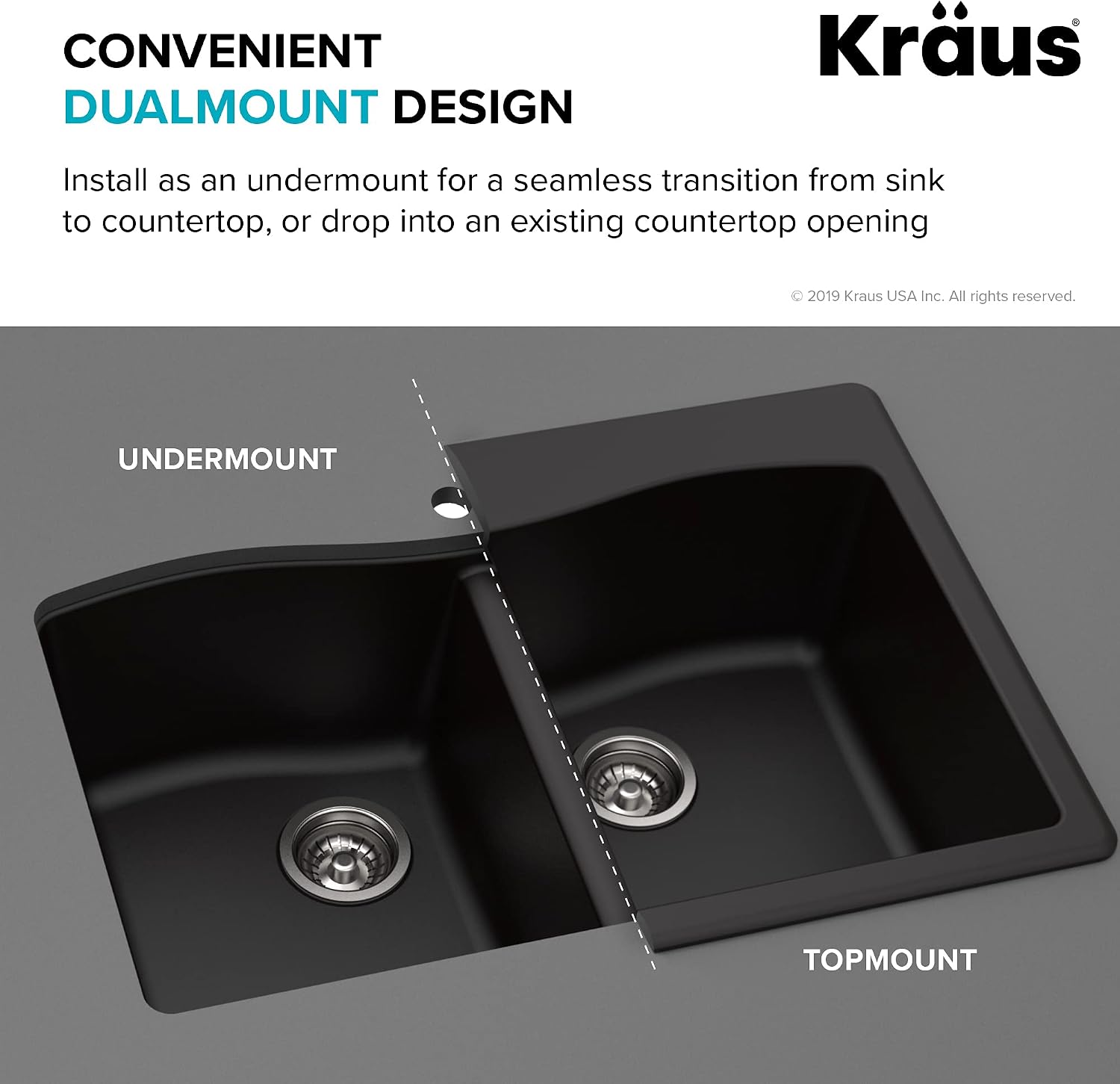KRAUS Forteza 33-inch Drop In/Undermount 60/40 Double Bowl Granite Kitchen Sink in Grey, KGD-50GREY