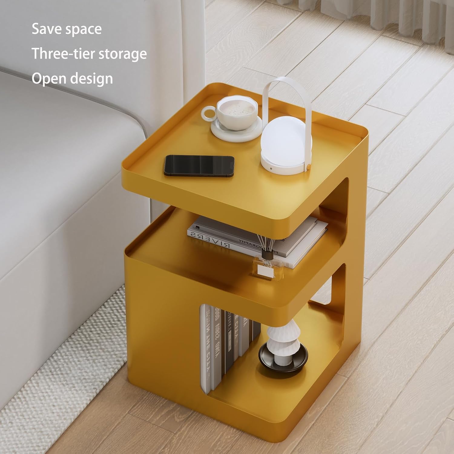 Gold Side Table,Modern end Table with Storage,Unique nightstand,Metal Small Bedside Table,3-Tier Accent Table for Bedroom,Living Room,Small Space,Couch.No Assembly Required