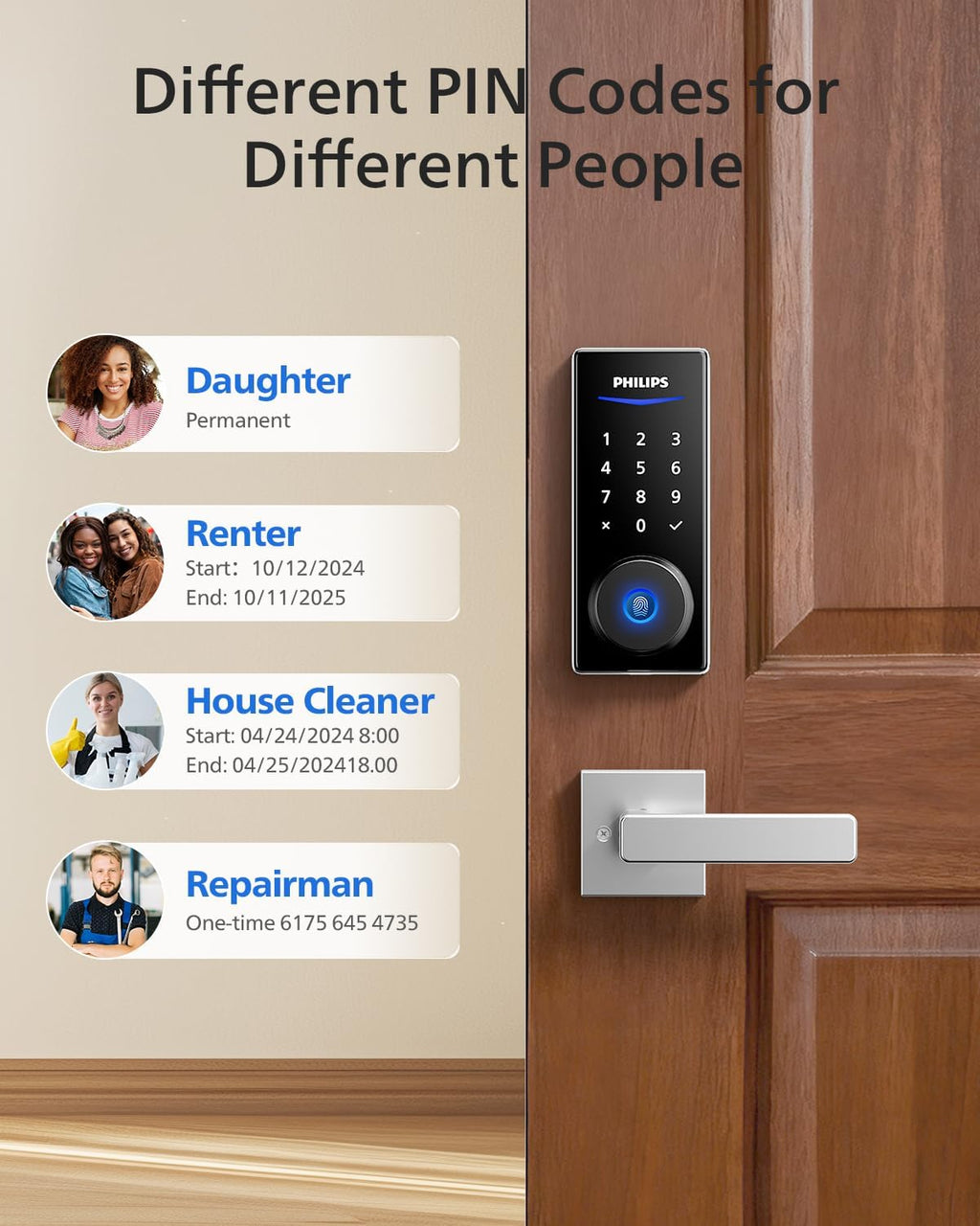 Philips Smart Lock with Handles, Smart Door Lock with 2 Level Handles, Keyless Entry Door Lock Set, Digital Keypad Deadbolt for Front Door, App Fingerprint PIN Code Unlocking, Auto Locking