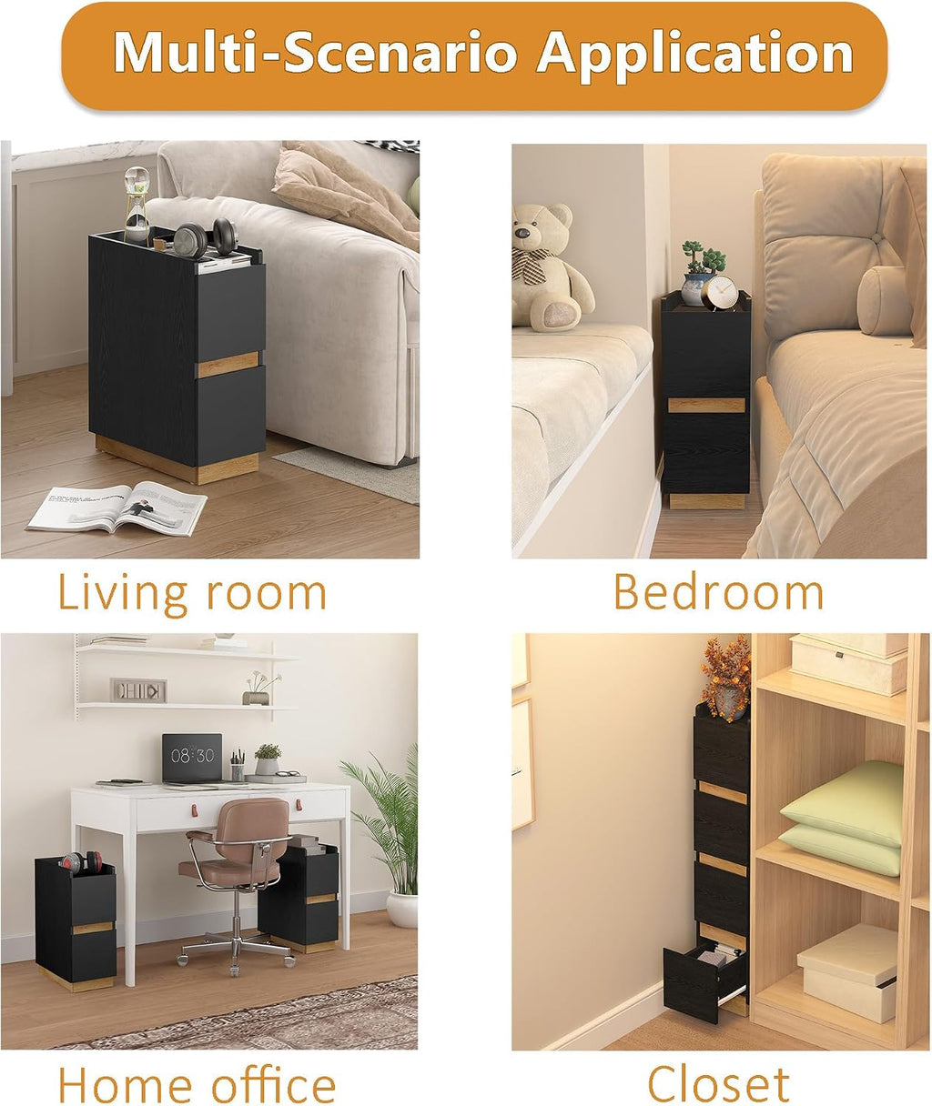 Narrow Night Stands, Modern Slim Nightstand Set of 2, Wooden Skinny Bedside Table 2 Drawers, Stackable Narrow Side Table with Drawers for Small Spaces, Bedroom, Living Room, Black
