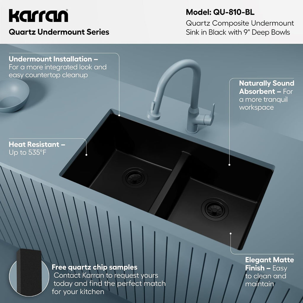 Karran 32' Black Quartz Composite Undermount Double Bowl Kitchen Sink with Low Divider – 50/50 Equal Bowl, 80% Natural Quartz, 535°F Heat Resistant, Sound Dampening, QU-810