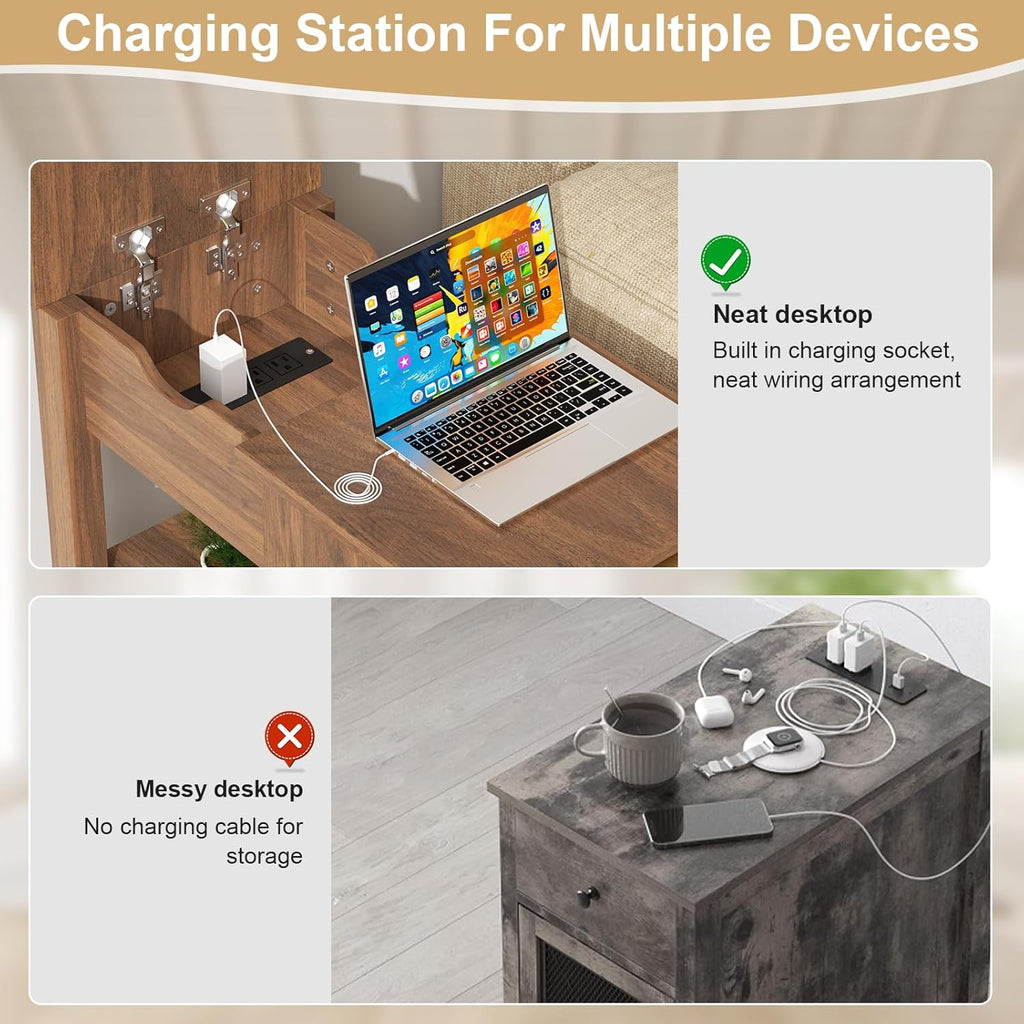 End Table with Charging Station 24'' Nightstand with Charging Station Vintage Side Table with Storage Wooden Sofa Side Table and Outlets Bedside Table for Living Room Office Bedroom (Brown)