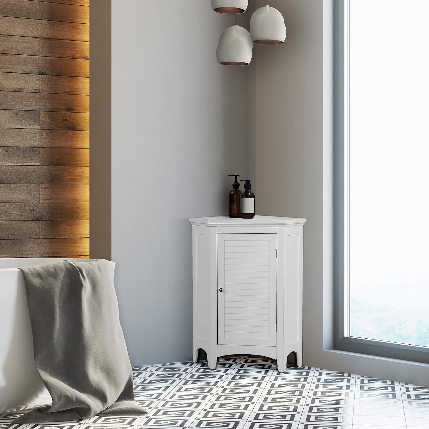 Teamson Home Glancy Freestanding Corner Floor Cabinet with Faux Louvered Door, White | Wooden, Faux Louvered Door, 2 Adjustable Tier Storage, For Bathroom Living Room