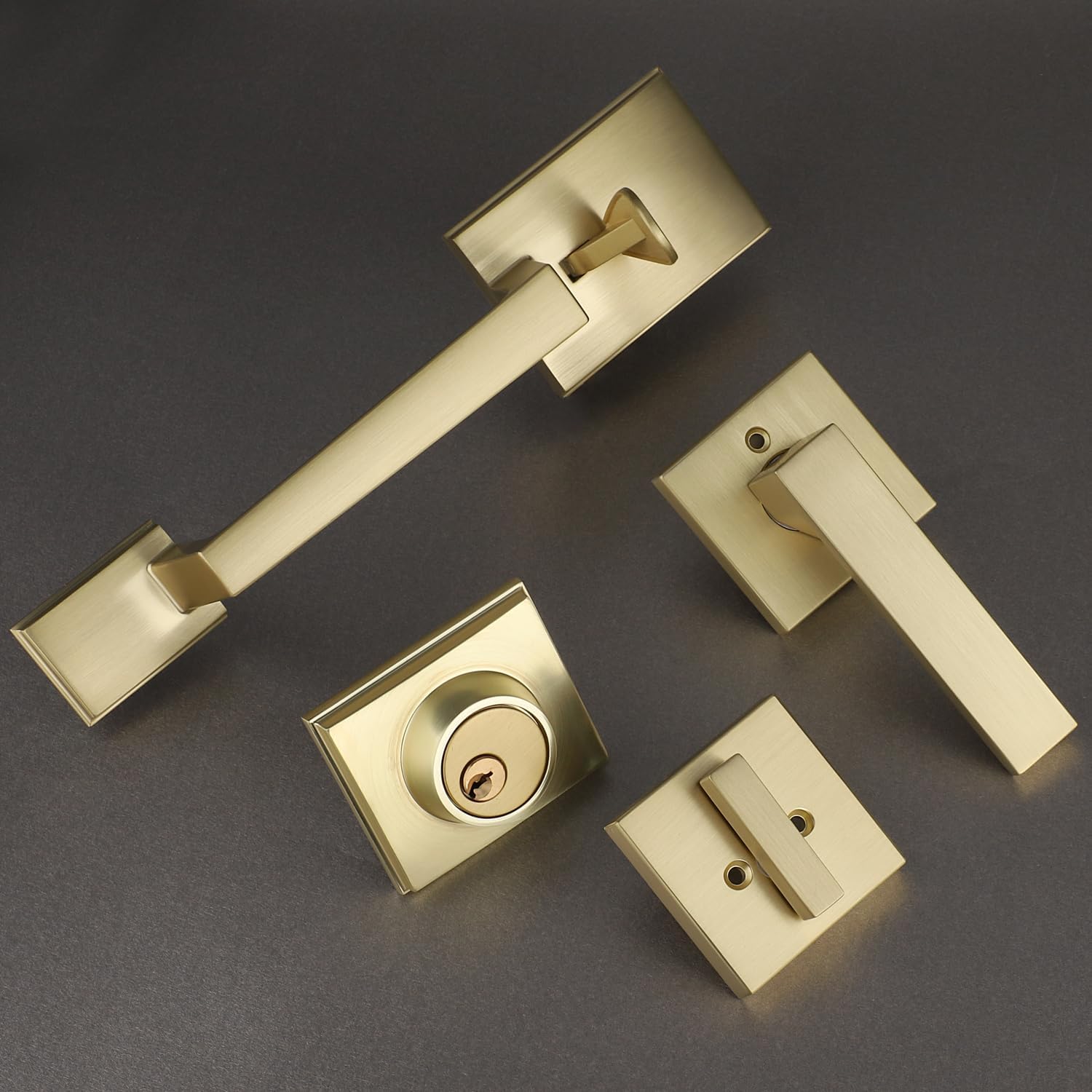 EHOMEWARE Brass Double Front Door Handle Set, Gold Heavy Duty Square Door Lever and Single Cylinder Deadbolt Combo for Side by Side Entrance Exterior Doors, Satin Brass Finish