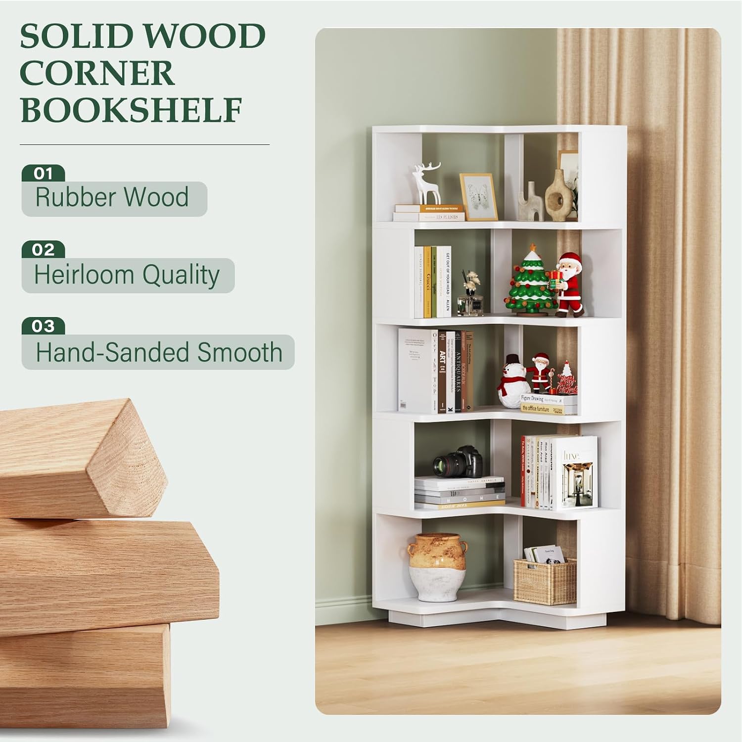 Wooden 5 Tier L-Shaped Corner Bookshelf - 65' Tall Solid Wood Corner Book Shelves for Space Saving, Bookcase Open Display Shelf with Baffle for Home Office, Living Room, Bedroom, Kitchen, White