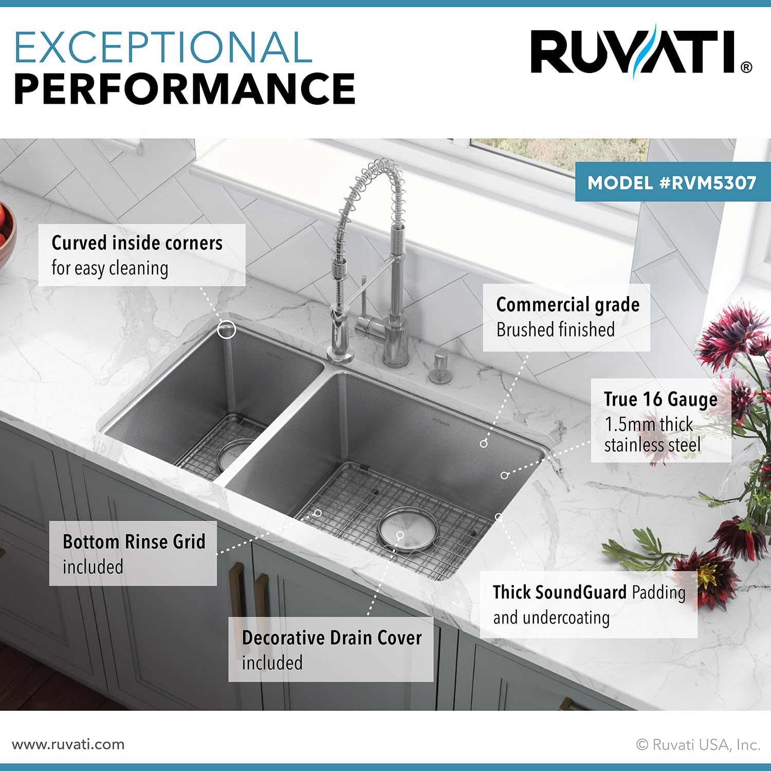 Ruvati 32-inch Undermount Kitchen Sink - 30/70 Double Bowl Kitchen sink - 16 Gauge Stainless Steel Kitchen Sinks with Brushed Finish hides scratches, Easy-to-Clean Undermount Sink - RVM5307