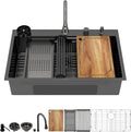 36 Inch Black Drop In Kitchen Sink with Faucet Waterfall 16 Gauge Stainless Steel Workstation All-In One Single Bowl 3-Holes Sink with Cup Washer, Soap Dispenser, Gunmetal Black #TLWF-0032