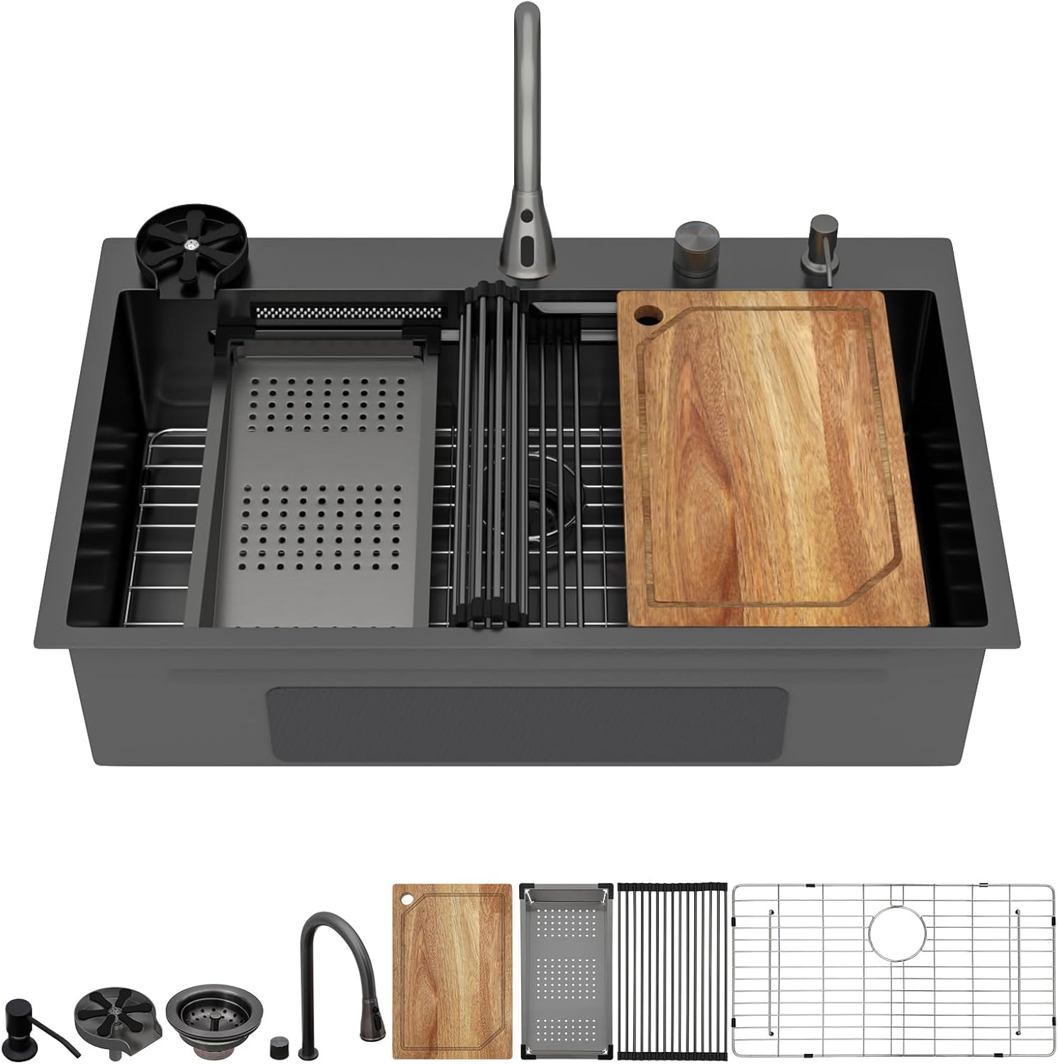 36 Inch Black Drop In Kitchen Sink with Faucet Waterfall 16 Gauge Stainless Steel Workstation All-In One Single Bowl 3-Holes Sink with Cup Washer, Soap Dispenser, Gunmetal Black #TLWF-0032
