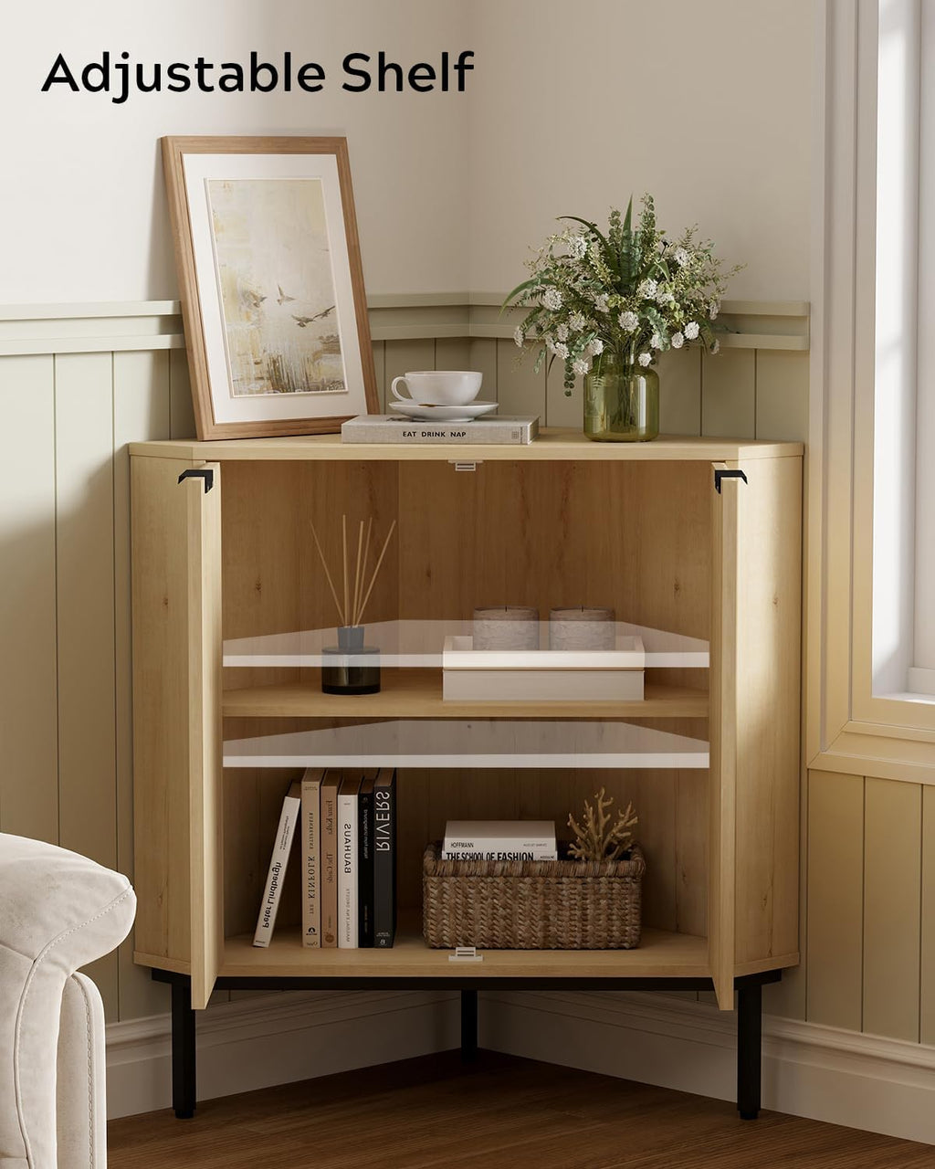 Modern Corner Cabinet, Fluted Wood Floor Storage Cabinet with Adjustable Shelf, Freestanding Narrow Organizer for Living Room Kitchen, Light Oak