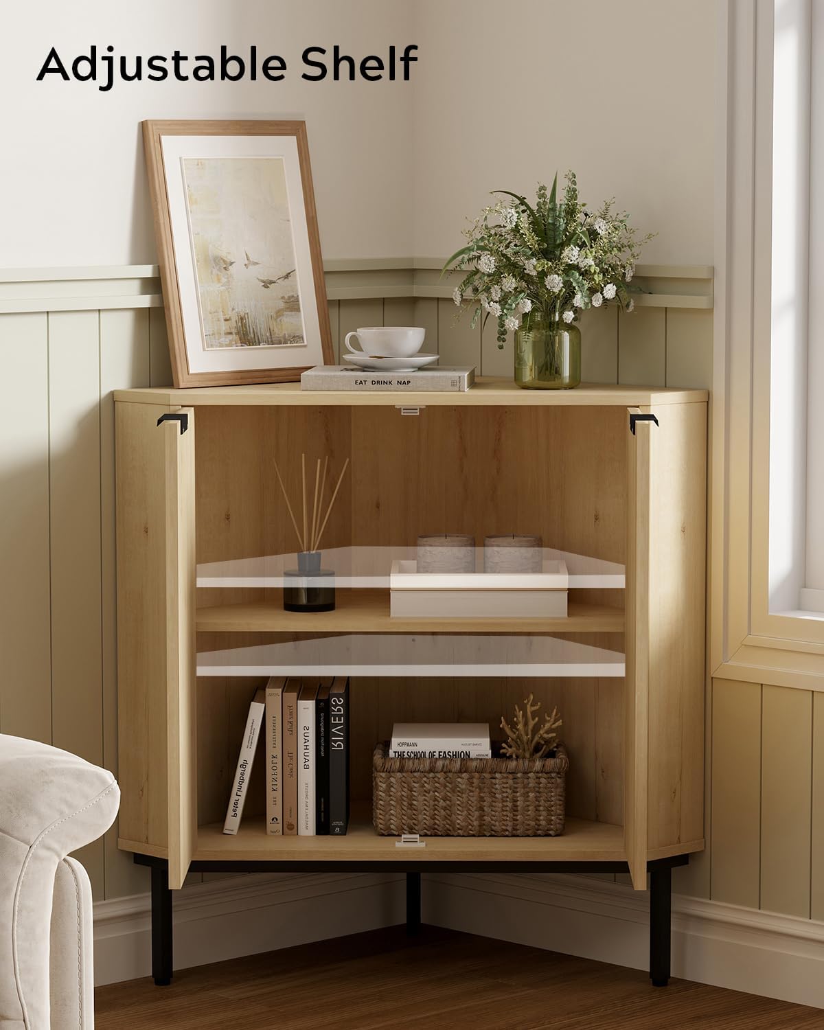 Modern Corner Cabinet, Fluted Wood Floor Storage Cabinet with Adjustable Shelf, Freestanding Narrow Organizer for Living Room Kitchen, Light Oak