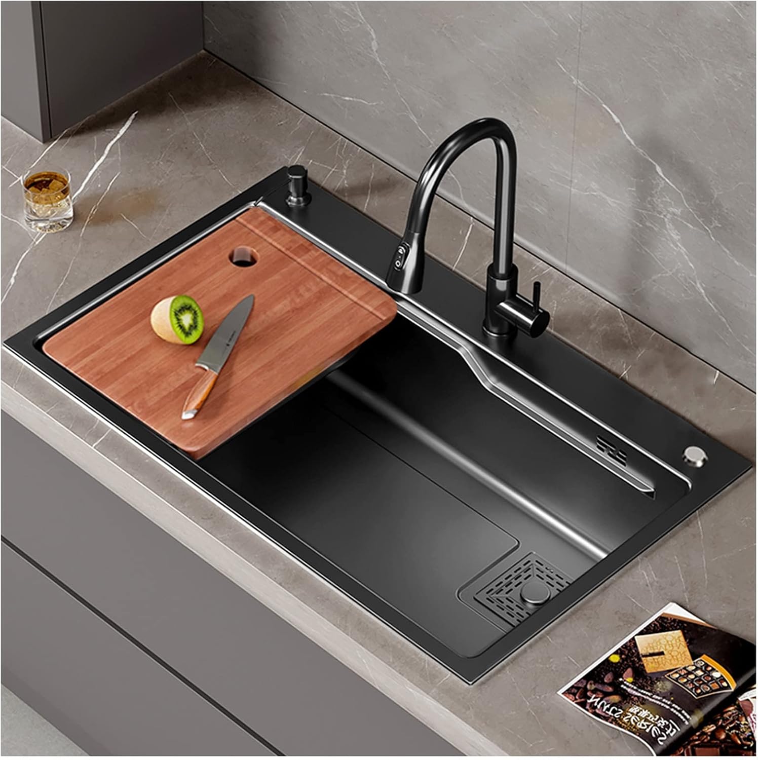 Black Single Bowl Kitchen Sink 304 Stainless Steel Kitchen Sink with Pull-Out Faucet and Drain Assembly Drop in Or Under Mount (Color : Black, Size : 75x45x21cm)