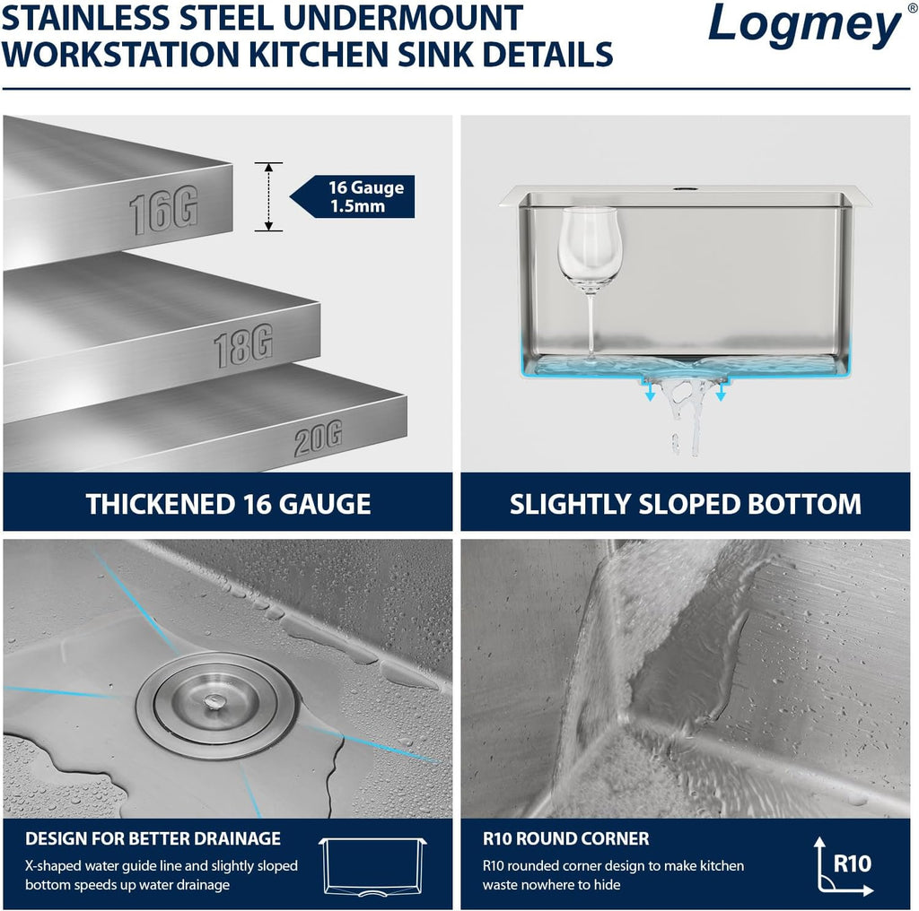 Logmey 18' Square Drop in Bar Sink,16 Gauge Heavy Duty Stainless Steel 18x18x9 Workstation Sink with Anti-Condensation & Noise Reduction for Kitchen Prep,RV,Wet Bar & Outdoor