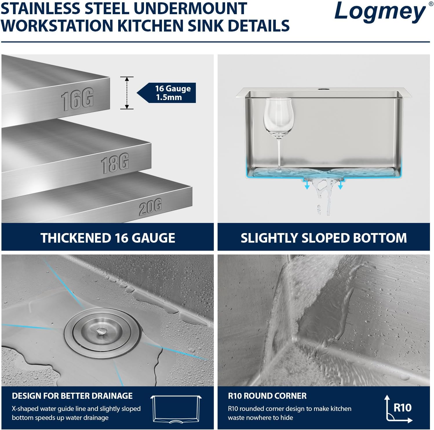 Logmey 18' Square Drop in Bar Sink,16 Gauge Heavy Duty Stainless Steel 18x18x9 Workstation Sink with Anti-Condensation & Noise Reduction for Kitchen Prep,RV,Wet Bar & Outdoor