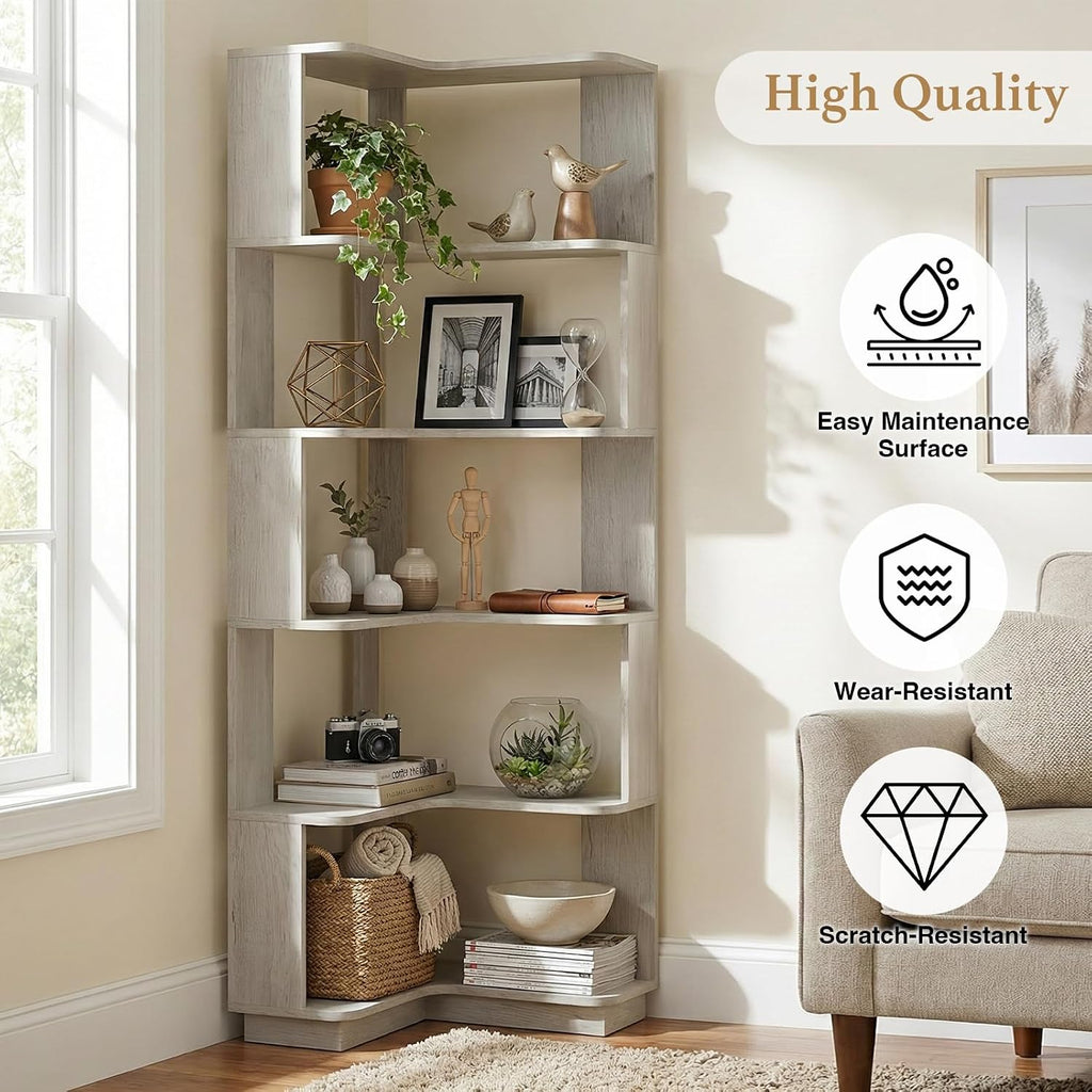 5 Tier Corner Bookshelf, Freestanding L-Shaped Wooden Bookcase with Open Shelves, Anti-Fall Panels and Anti-Tipping Device for Living Room, Bedroom, Home Office (Light Gray)